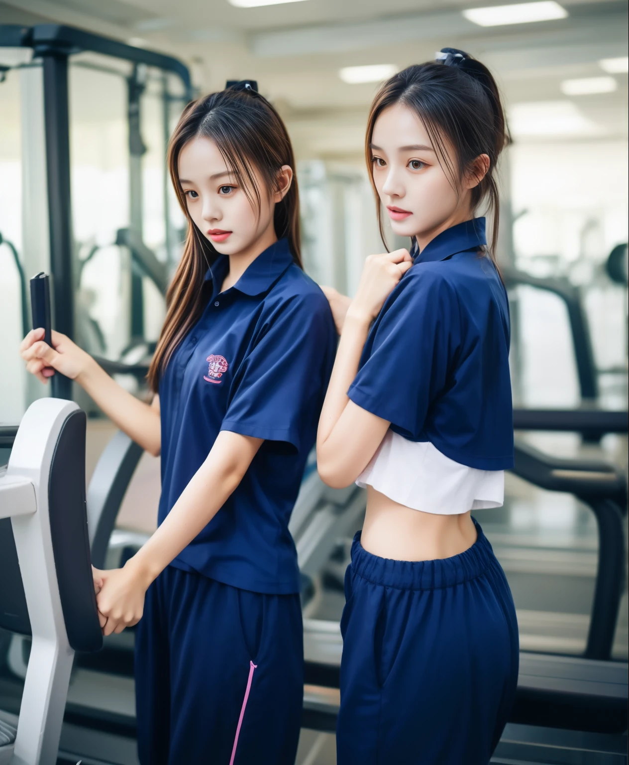 3 girls in fitness center, Navy blue short-sleeved shirt,Navy Long Trackpant,Sweatpants, Sweatpantsขายาว,25 year old girl, lesbian, sexy, exercise clothes, wet body, exercise clothes