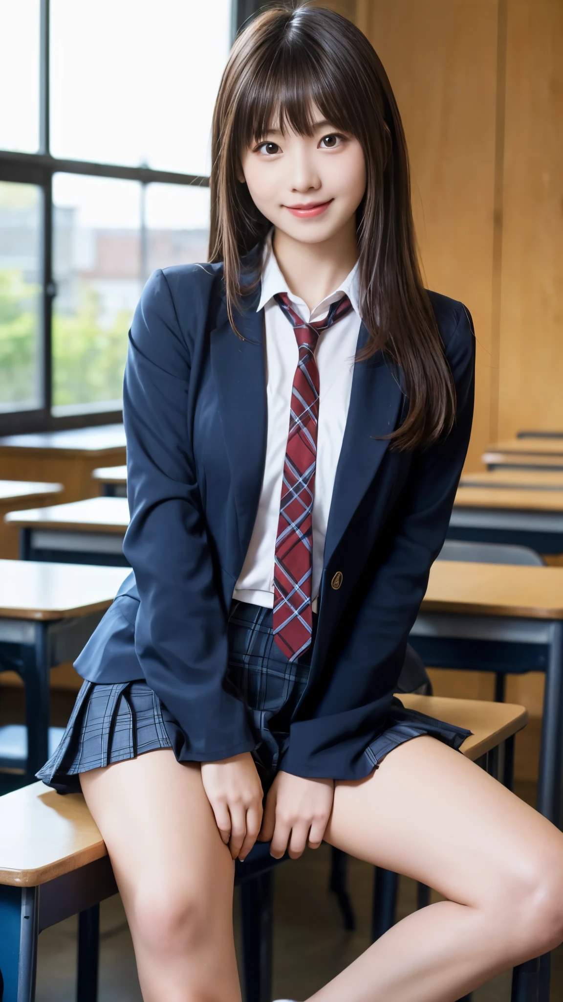 Stand in the classroom of school2fashi-girl,red tie uniform,dark blue closed blazer,Blue plaid mini skirt,18-year-old,bangs,a little smile,thighs,knees,from below,random pose,pretty girl,slender girl,