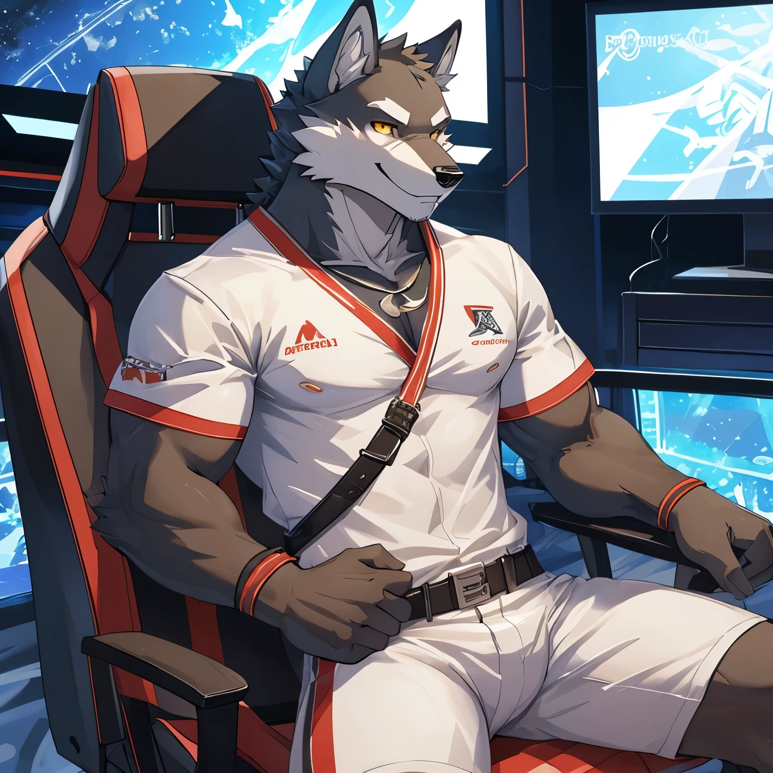 best quality: 1.0), (ultra high resolution: 1.0), Wolf, white shorts,white shirt, yellow eyes, Sit in front and play games, Esports room background,Smile