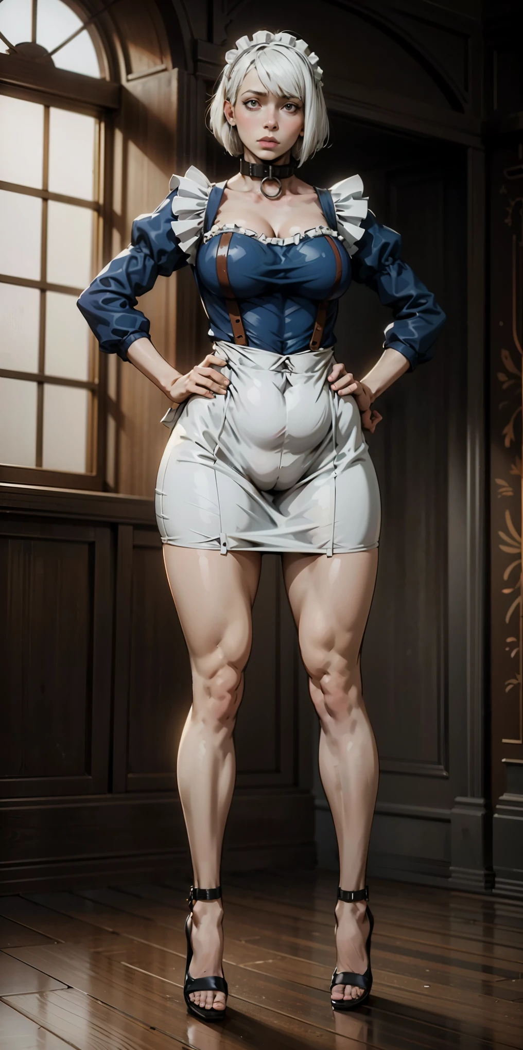 White hair, short bob hair, pinched eyes, thin legs, thin body, leather collar, maid outfit victorian, full body standing symmetrical, hands on hips, wide hips, view from below, high heels feet together