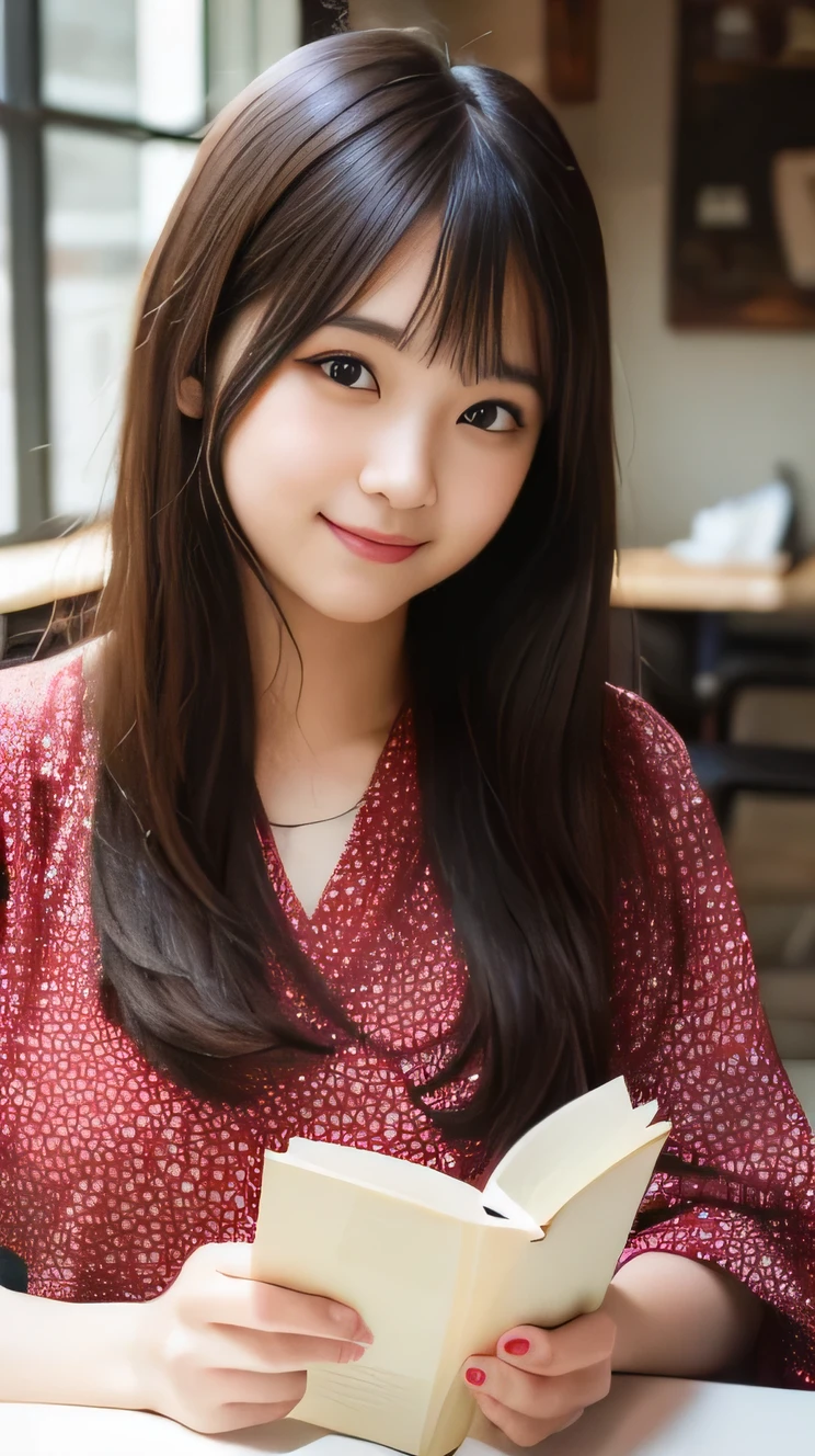 1 girl, black hair, (14 years old:1.3), Girl sitting at a table opposite a café, Latte on the table, (reading a book:1.3), (whole body:1.3), a loving gaze, (8K, RAW photo, highest quality, masterpiece:1.2), High-definition RAW color photos, professional photos,(realistic, photo realistic:1.2), ((highest quality)), Bokeh, using a reflector, f/1.4, 50mm, japanese girl, detailed beautiful face, detailed face, (shy smile:1.2),enchanting smile, beautiful, very pretty, cute like a doll, female idol, round big eyes, small nostrils,