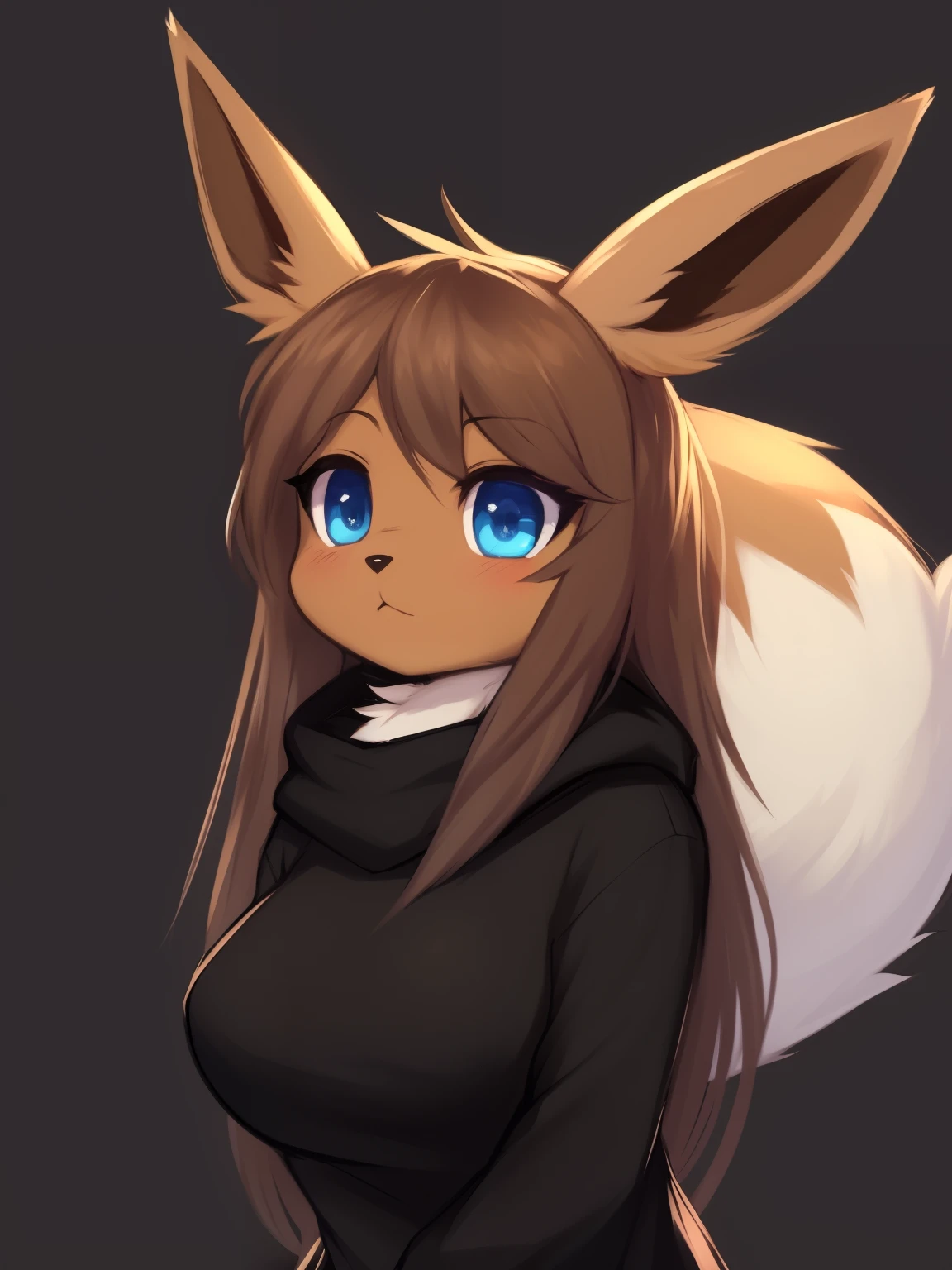 by zackary911,zackary911, eevee anthro, dark background, black hoode, solo, one character, blue eyes, female, fluffy fur, big tail, breast, fluffy neck, long hair