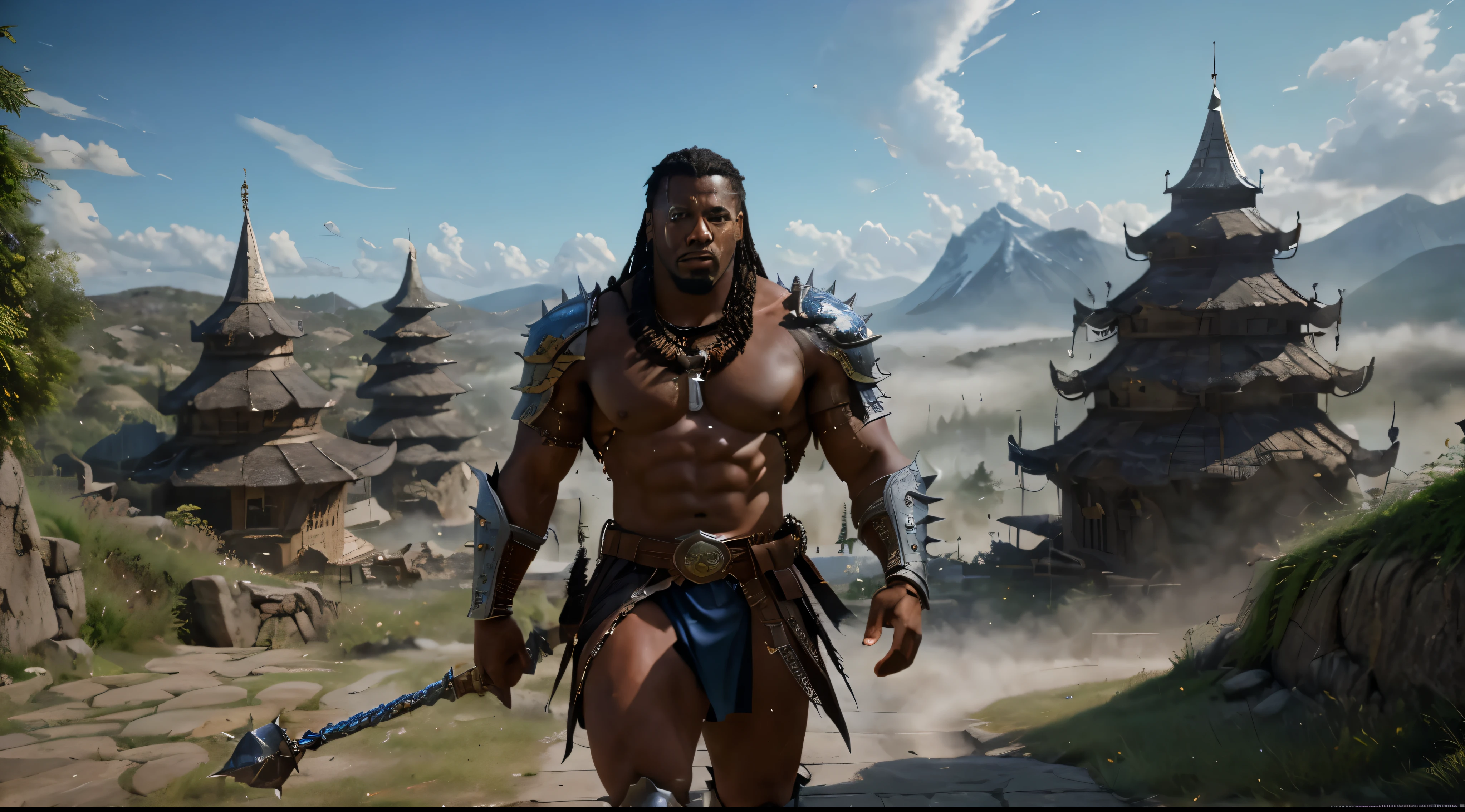 medium shot, a muscular barbarian black man holding a spiked mace, is wearing owl themed armor, walking out of a blue portal into isekai fantasy society