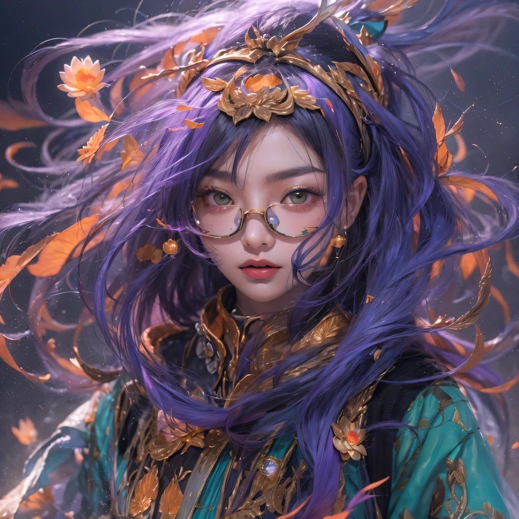 Chapter 3679 The Year of Cyberpunk（masterpiece，HD，超HD，32k lotus root starch）Bright purple flowing hair，autumn pond， lotus root starch color， Asian （Michiko）， （silk scarf）， fighting stance， looking at the colorful balloons， Orange gradient long hair， ((Thick frame reflective jade windproof goggles))Floating bright purple， Fire cloud gold headdress， Chinese long-sleeved gold silk garment， （Abstract ink splash：1.2），mars background，lotus（realistically：1.4），bright purple hair，Smoke on the road，The background is very ivory、pure， high resolution， Detailed wind protection goggles， RAW photos lotus root starch， Sharp Re， Nikon D850 film photo by Jefferies Lee 4 Kodak Portra 400 camera F1.6 guns, rich and colorful, Super real、Vivid texture, dramatic lighting, Unreal Engine Art Station Trend, Silicon Nest 800