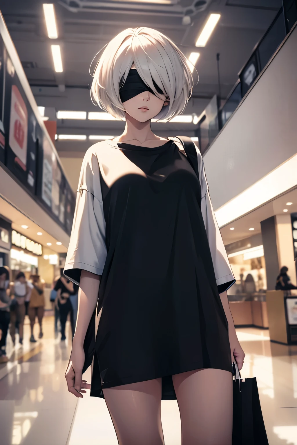 2B, short hair, in a shopping mall, wearing a large baggy t-shirt that says "I'm with stupid", blindfold