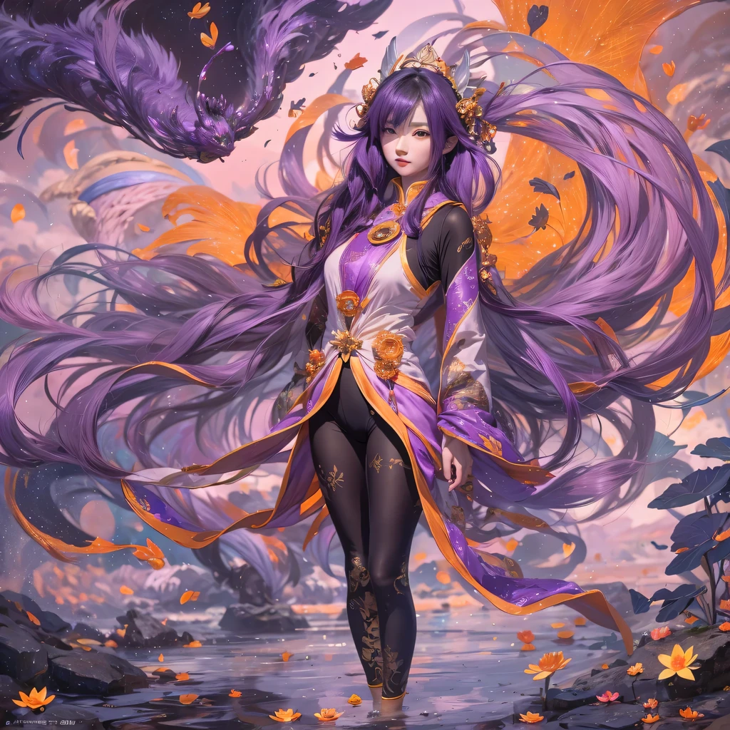 Chapter 3679 The Year of Cyberpunk（masterpiece，HD，超HD，32k lotus root starch）Bright purple flowing hair，autumn pond， lotus root starch color， Asian （Michiko）， （silk scarf）， fighting stance， looking at the colorful balloons， Orange gradient long hair， ((Thick frame reflective jade windproof goggles))Floating bright purple， Fire cloud gold headdress， Chinese long-sleeved gold silk garment， （Abstract ink splash：1.2），mars background，lotus（realistically：1.4），bright purple hair，Smoke on the road，The background is very ivory、pure， high resolution， Detailed wind protection goggles， RAW photos lotus root starch， Sharp Re， Nikon D850 film photo by Jefferies Lee 4 Kodak Portra 400 camera F1.6 guns, rich and colorful, Super real、Vivid texture, dramatic lighting, Unreal Engine Art Station Trend, Silicon Nest 800