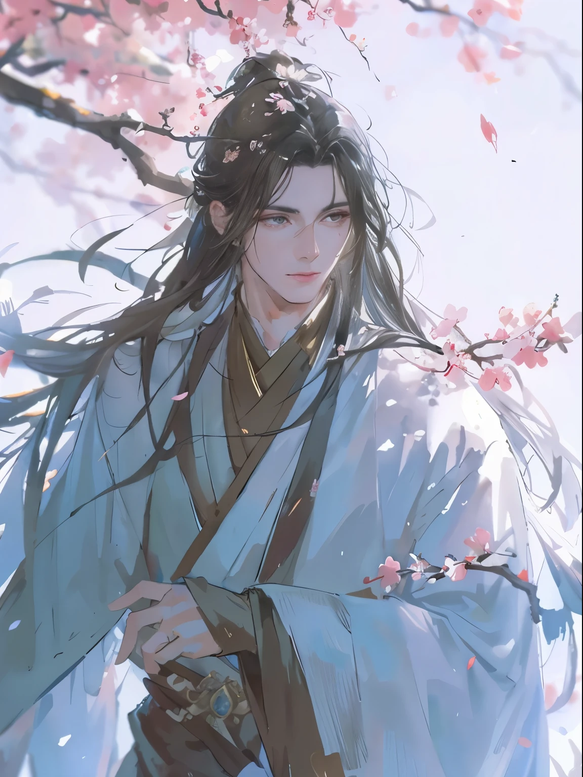 flowing sleeves，Big watery eyes and long eyelashes，Smooth and fair skin，delicate face，Clean long black hair，Handsome guy in ancient China，Wearing ancient Chinese costumes，flowing tulle，light tone，（under a sakura tree），ink painting style，clean colors，unarmed，masterpiece， Super exquisite，epic work，high quality，best quality，4K， Rendering a glow，bright contrasting colors