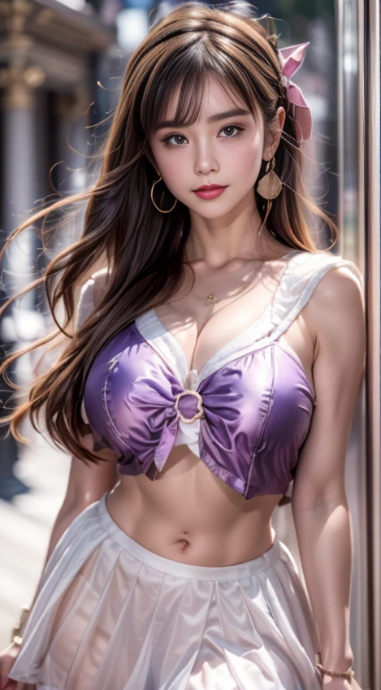 ((RAW photo、highest quality)、(realistic、Photoreal:1.3)、highest quality、masterpiece、very delicate and beautiful、A hvery detailed、nffsw、sense of oneness、2k wallpaper、growing up、Beautiful in every detail、masterpiece、light smile、highest quality、Hvery detailed ticker Unity 8K wallpapers、huge file size、Super detailed、High resolution、very detailed、(((A sailor suit and miniskirt in a purple metallic color that sticks to your skin and shows off your entire body shape.:1.5)))、(((Navel costume:1.5)))、(((The girls are dancing wildly on the gigantic monitor stage of the concert in the background.:1.45)))、((Hair is moving:1.4))、((Add movement to the pose:1.35))、((smile:1.3))、(look at the camera:1.2)、(Sailor Hut:1.15)、super cute girl、Part of an idol group、19 years old、Spotlight、professional lighting、cinematic light、