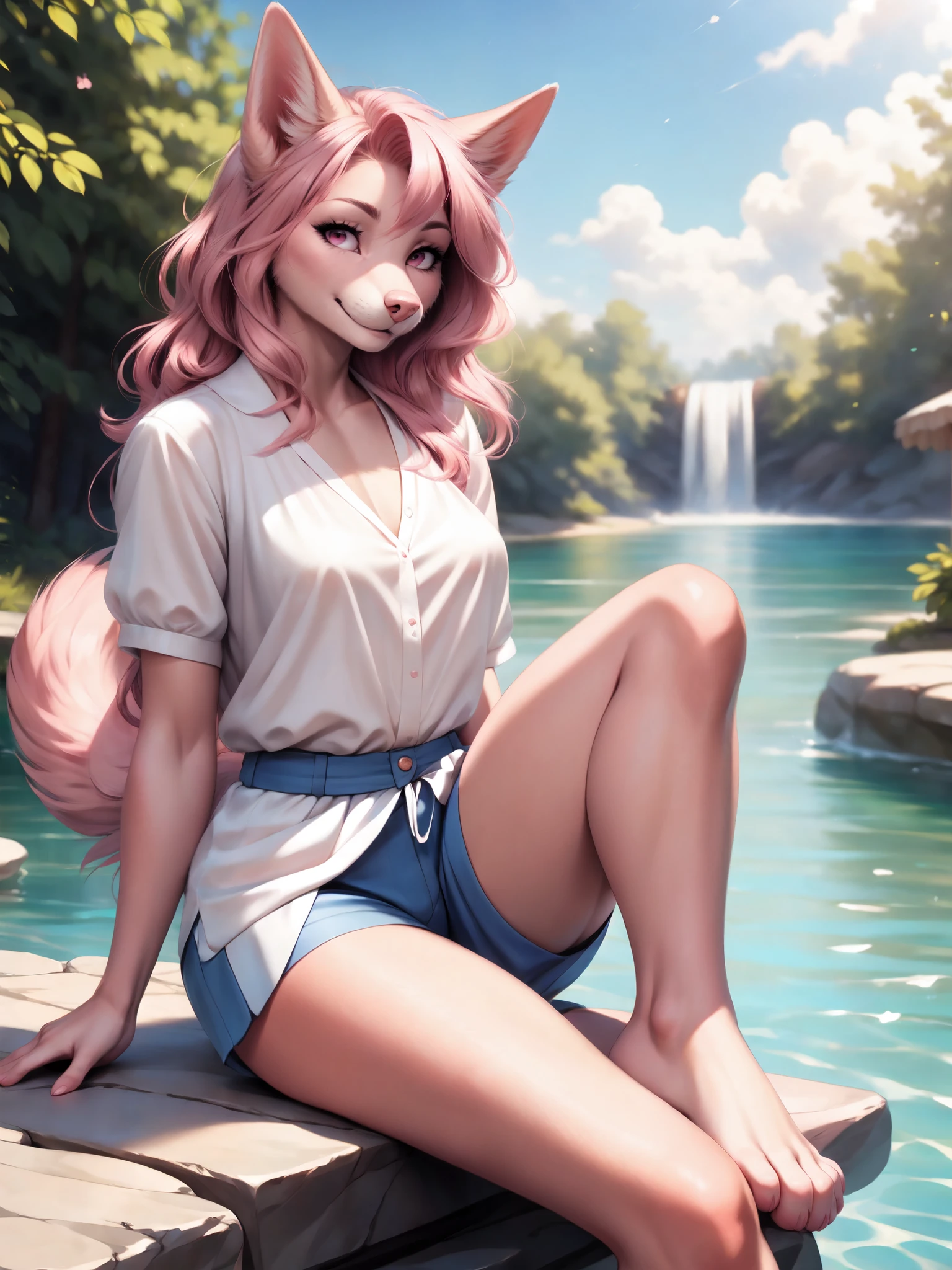 , by personalami, by totesfleisch8, by darkgem, by photonoko, realistic, hyper realistic, Solo, Athena, pink domestic dog, pink furry body, wavy pink hair, pink nose, pink eyes, pink dog tail, pointy dog ears, wearing white blouse, blue boy shorts, barefoot, posing seductive, in a heavenly park, sitting on an elegant stone