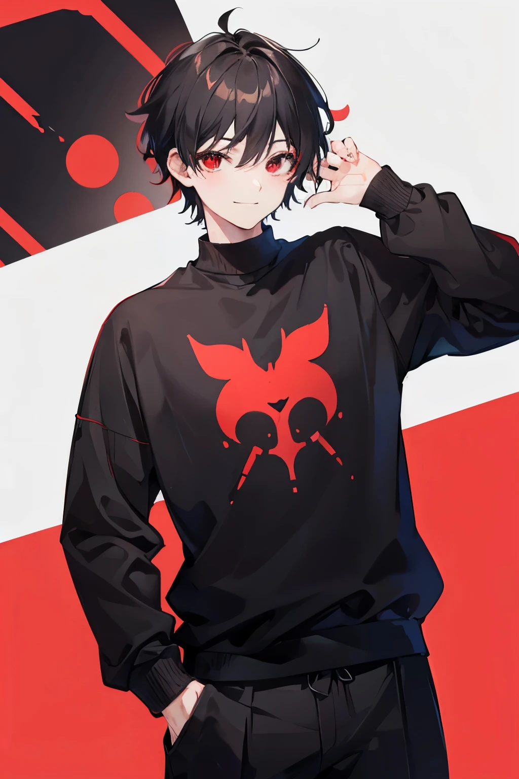 man, male, boy, red eyes, black short hair, black sweater, pants, smiling