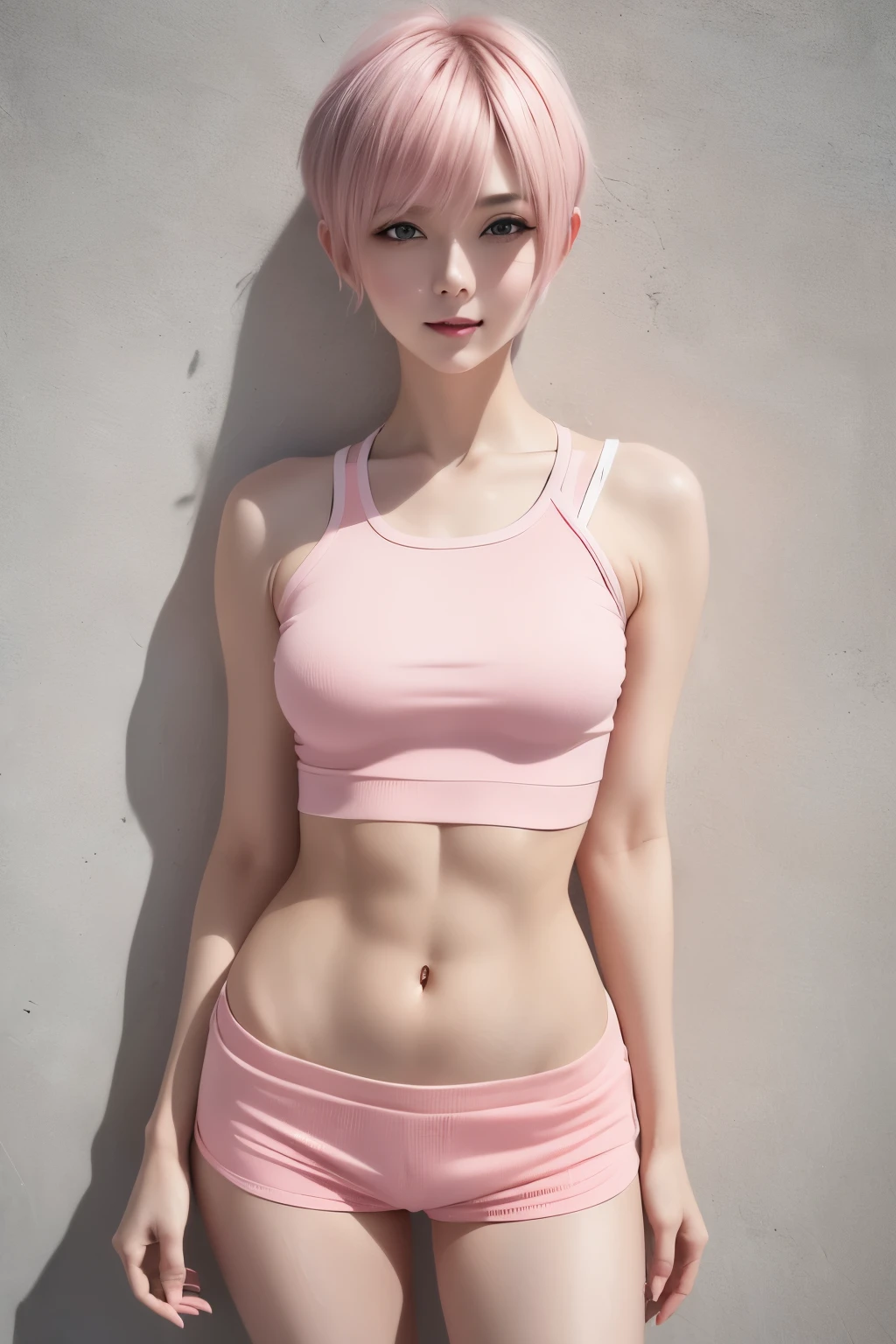 best quality, 32k, RAW photo, incredibly absurdres, extremely detailed, delicate texture, beautiful woman, slender, thin flat body line, pink glossy messy short pixie cut, abs, crop tank top, fitness shorts
