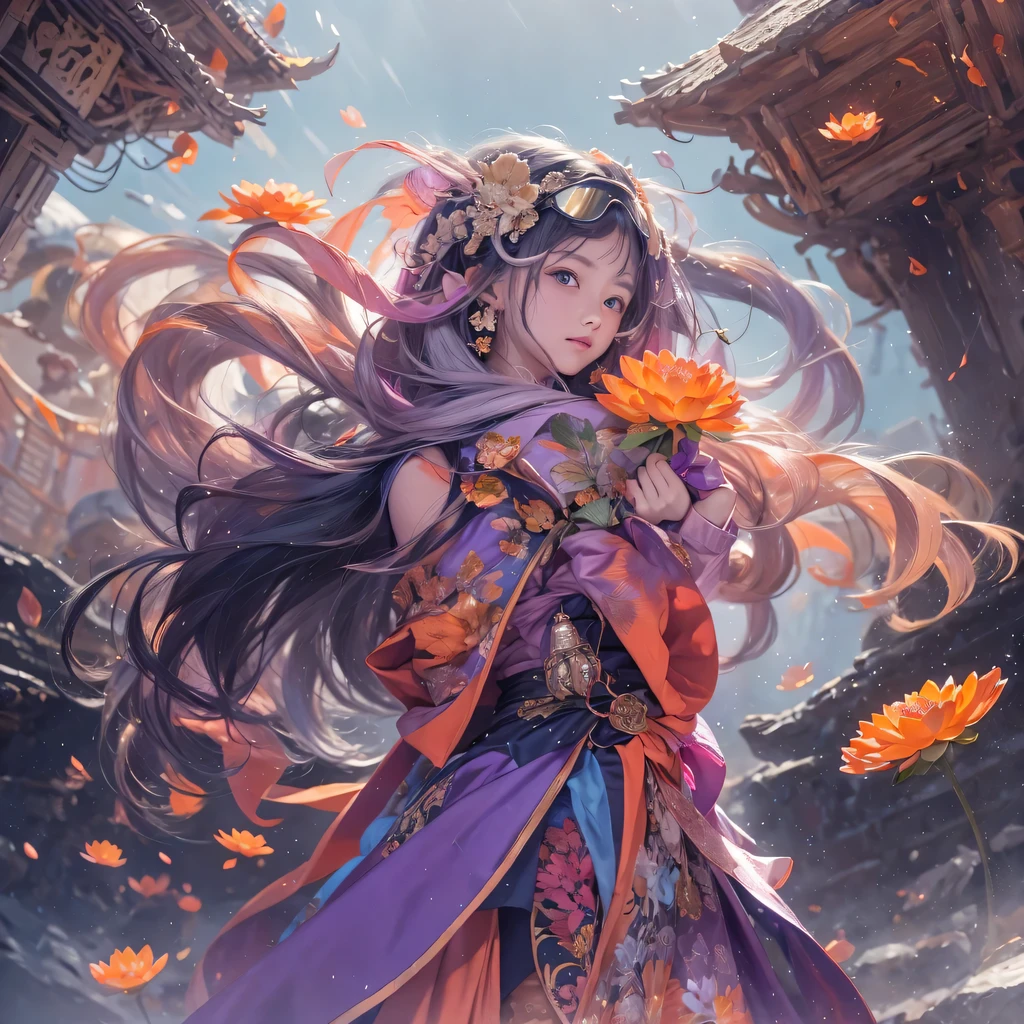 Chapter 3679 The Year of Cyberpunk(masterpiece,HD,超HD,32k lotus root starch)Bright purple flowing hair,autumn pond, lotus root starch color, Asian (Michiko), (silk scarf), fighting stance, looking at the colorful balloons, Orange gradient long hair, ((Thick frame reflective jade windproof goggles))Floating bright purple, Fire cloud gold headdress, Chinese long-sleeved gold silk garment, (Abstract ink splash:1.2),mars background,lotus(realistically:1.4),bright purple hair,Smoke on the road,The background is very ivory、pure, high resolution, Detailed wind protection goggles, RAW photos lotus root starch, Sharp Re, Nikon D850 film photo by Jefferies Lee 4 Kodak Portra 400 camera F1.6 guns, rich and colorful, Super real、Vivid texture, dramatic lighting, Unreal Engine Art Station Trend, Silicon Nest 800