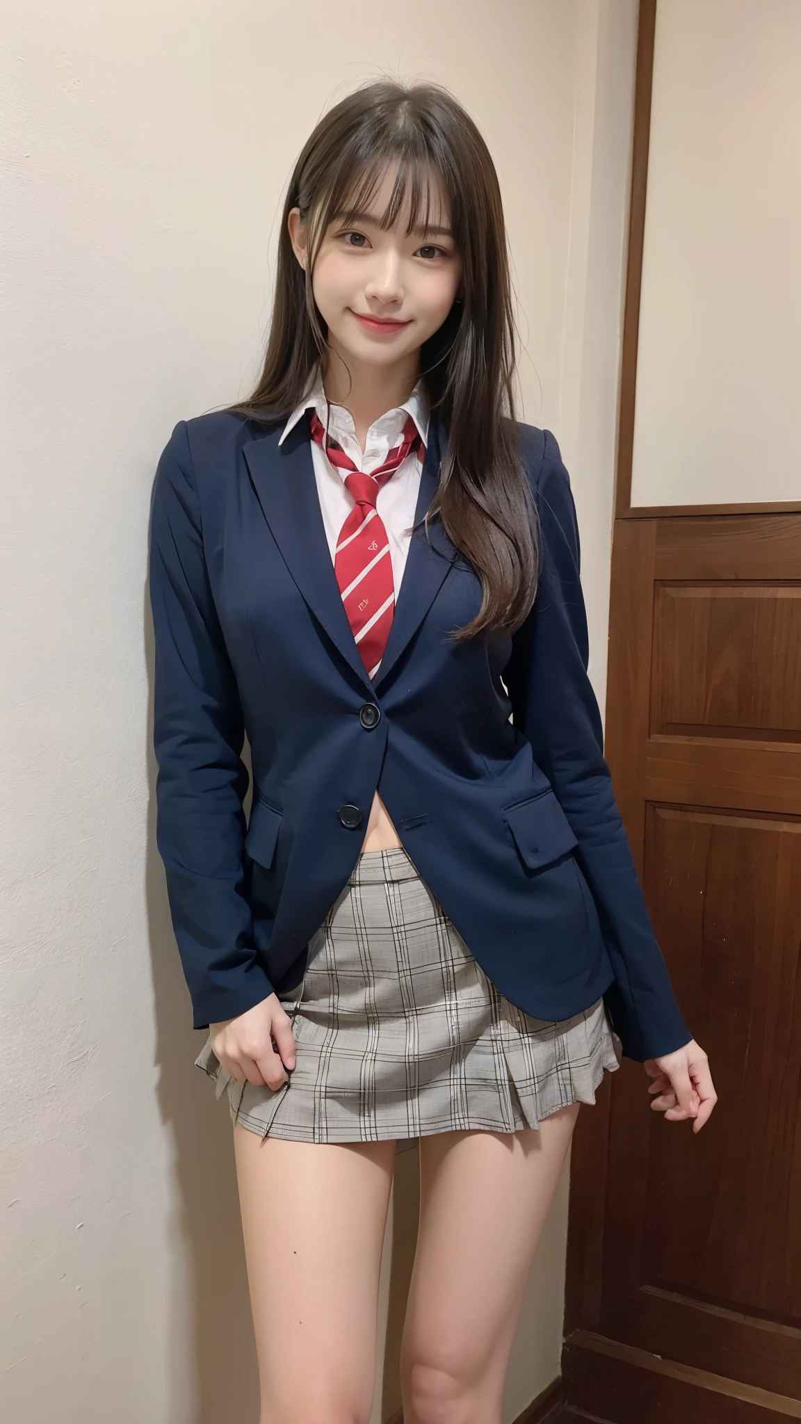 学校の教室に立つ1人のpretty girl,red tie uniform,dark blue closed blazer,blue plaid miniskirt,18-year-old,Brown hair short cut with side waves,best smile,I can see your beautiful thighs,knees,random pose,pretty girl,slender girl,My skin is beautiful,wear cute sneakers,natural makeup,