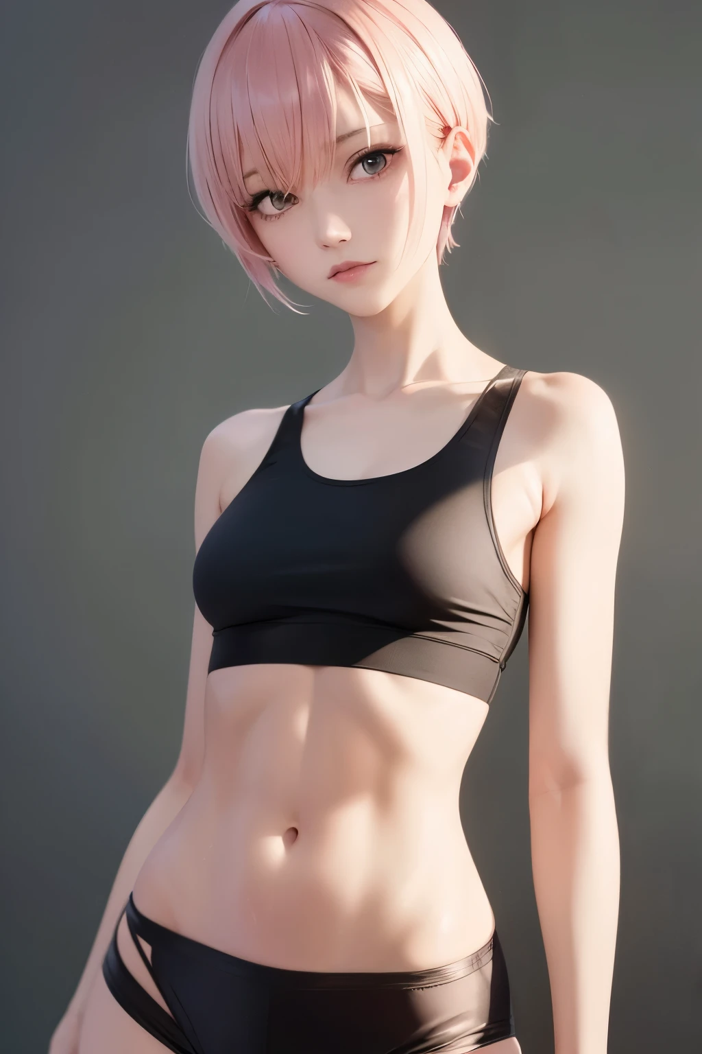 best quality, 32k, RAW photo, incredibly absurdres, extremely detailed, delicate texture, beautiful woman, slender, thin flat body line, pink glossy messy short pixie cut, abs, crop tank top, fitness shorts