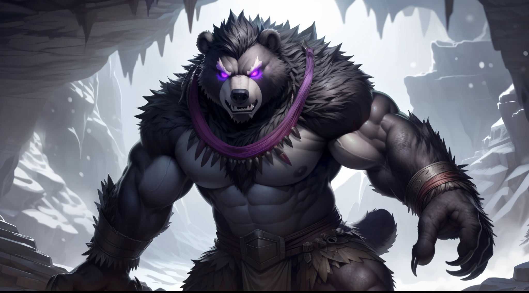solo, anthro, furry, furry male, Bear, ((fluffy fur, furry body, detailed muscles)), (Bear print), demonic creature with purple and black hair and a purple tattoo markings, Black body, detailed body, detailed chest, horns, red glowing eyes, tail, detailed teeth, detailed face, detailed scales, detailed face, mono-colored body, glowing scales, detailed eyes, padded armor, tribal wear, armor, barbarian attire, full body, claws, (cave), (by null-ghost,by raccoon21, masterpiece, high quality, hi-res,8k), standing,close-view portrait, looking at viewer, outdoor, aggressive, angry, raging, menace, detailed cavern, snow, Giant character