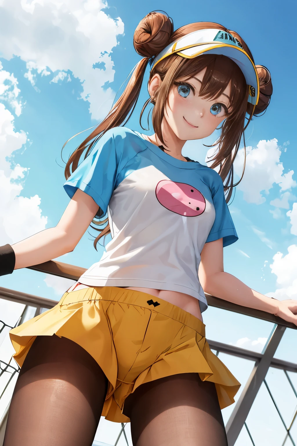 table top、highest quality、High resolution、1 girl、low length、Slender、smile、brown hair, bun hair, blue eyes, long twin tails, visor cap, pantyhose, raglan sleeves, Yellow shorts,shirt, pink bow, watch、outdoor、standing、Photo of the subject from below、Panty shot、Loose shorts、Panties can be seen through the gap、spreading legs