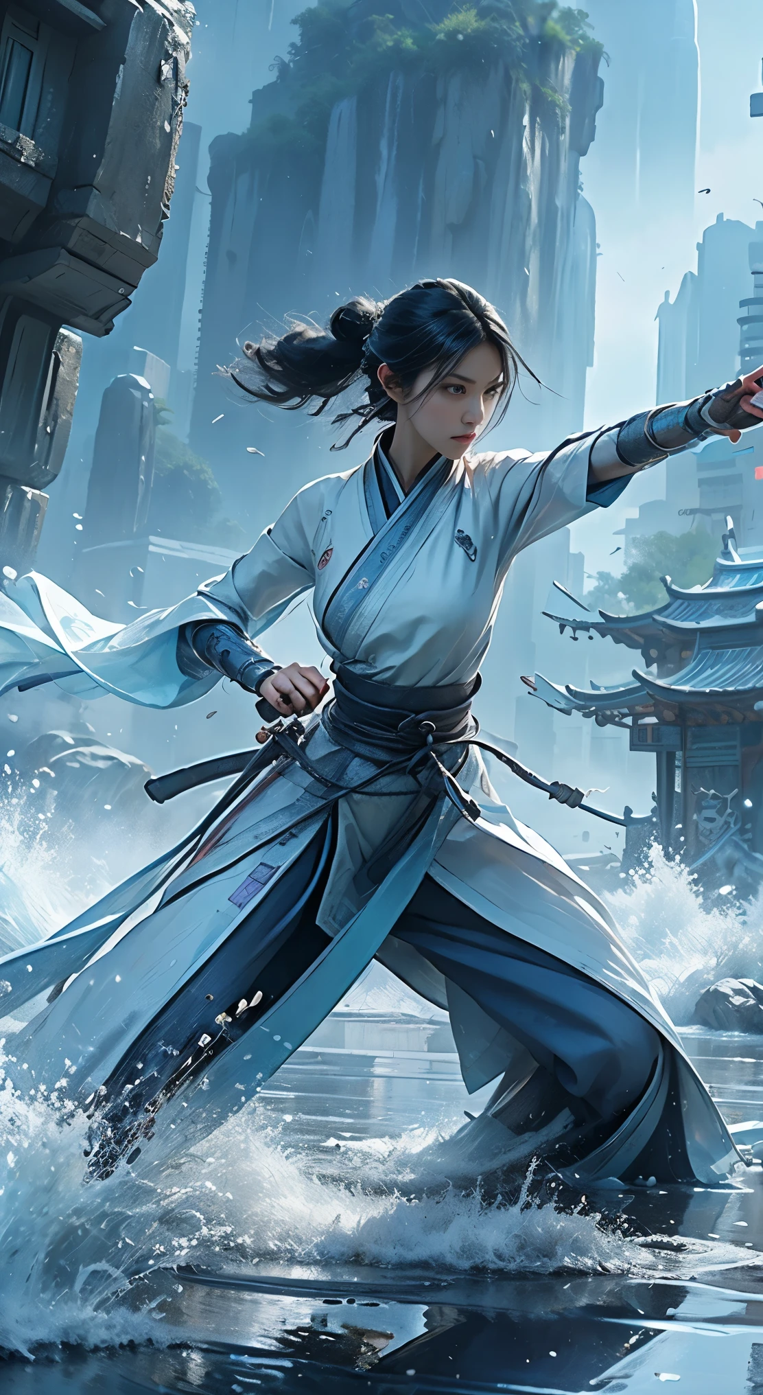 Futuristic kung fu girl,futuristic city background,Full body female love,Chinese Kung Fu,sharp vision,clear facial features,dressed white hanfu,The body is surrounded by purple mist,Runes surround you,martial arts moves,Holographic reality,Holographic Halo,motion blur,game light effects,rim light,soft light,rim light,The light is very delicate,Beautiful martial arts, science fiction figures艺术插画, The art of digital kung fu, science fiction figures, futuristic digital, Futuristic concept art, In front of sci-fi cityscape, science fiction figures艺术, Advanced digital cyberpunk art, magical kung fu woman