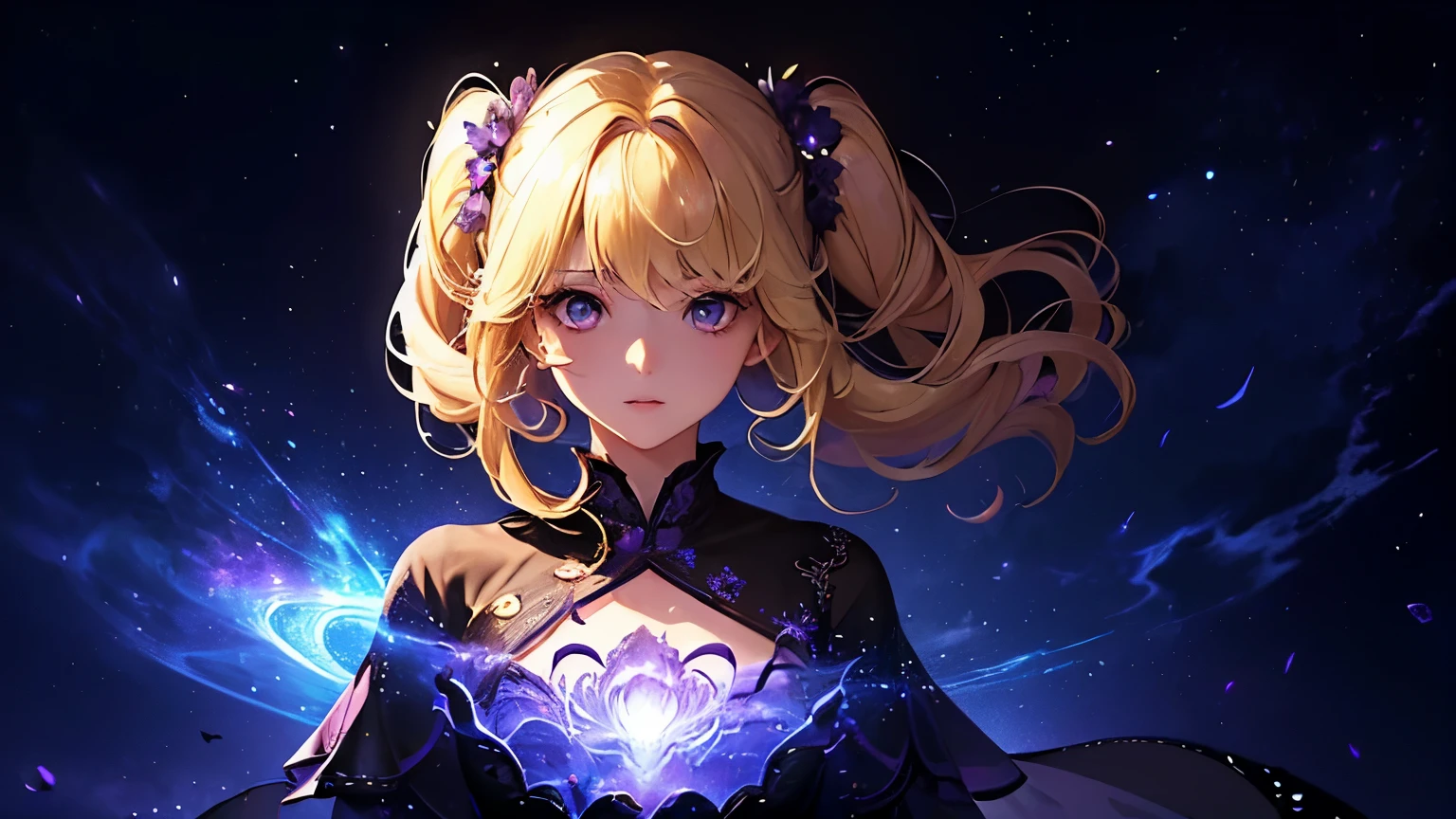 1girl,sense of deps,disorganized,catch light,Super beautiful illustrations,((beautiful blonde,Two Side Up Hairstyles:1.3)),((Beautiful purple eyes:1.2)),;D,beautiful and delicate flowing hair,emphasized chest,night sky,Meteors