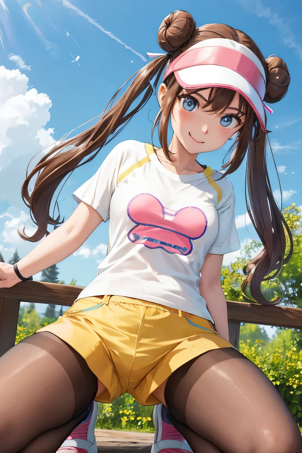 table top、highest quality、High resolution、1 girl、low length、Slender、smile、brown hair, bun hair, blue eyes, long twin tails, visor cap, pantyhose, raglan sleeves, Yellow shorts,shirt, pink bow, watch、outdoor、standing、Photo of the subject from below、Panty shot、Loose shorts、Panties can be seen through the gap、spreading legs、Kneeling