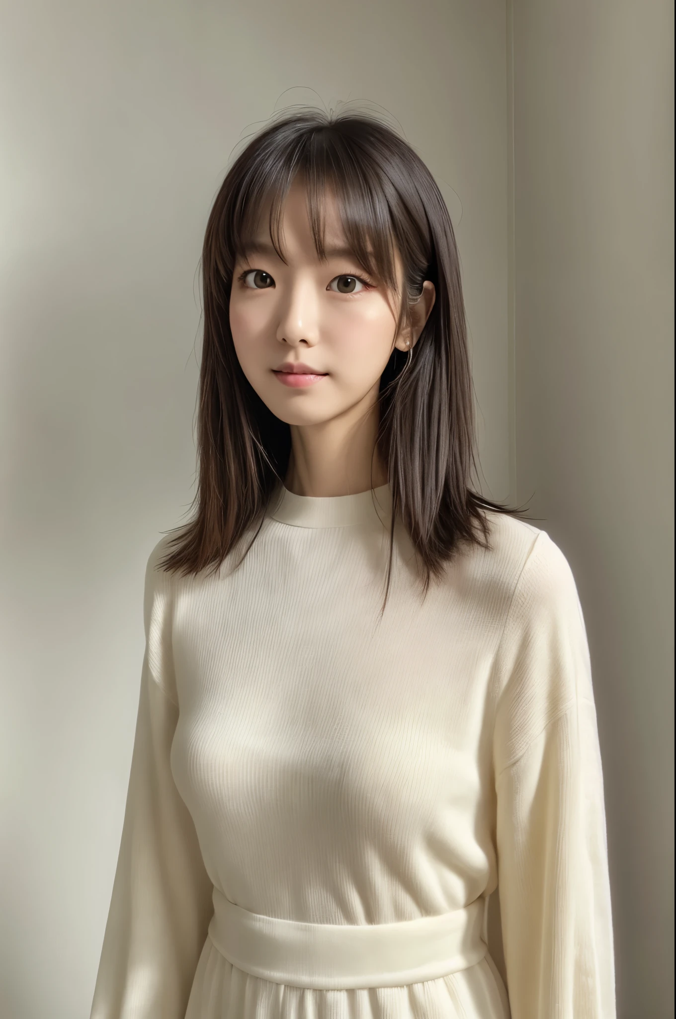((masterpiece,top-quality)), (photographrealistic:1.4),((masutepiece,8K)),hight resolution,Studio Soft Light, Rim Lights, vibrant detail, realistic skin textures,Japanese, 1 beautiful woman, bob Hair, faint thin bangs, make - up, 34 years old, Detailed skin, long-sleeve tunic blouse, wide-leg pants, Standing, White background, White Room,white walls, fully body photolooking at viewer