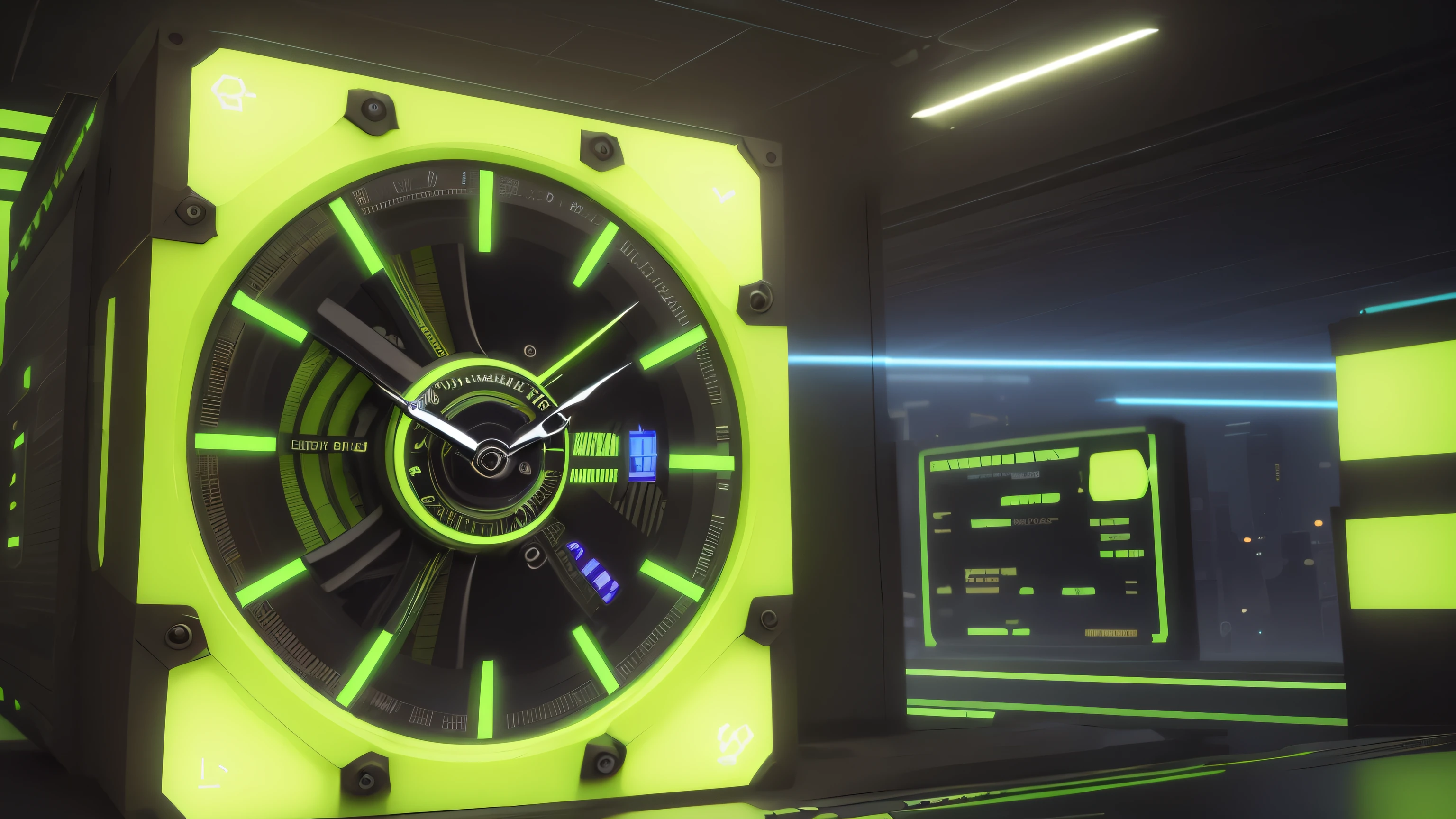 (ultra-detailed), (big clock render), (lime green), Lo-fi, highly detailed, futuristic, cyberpunk, hyper realistic, best quality, 8k, Masterpiece, high resolution