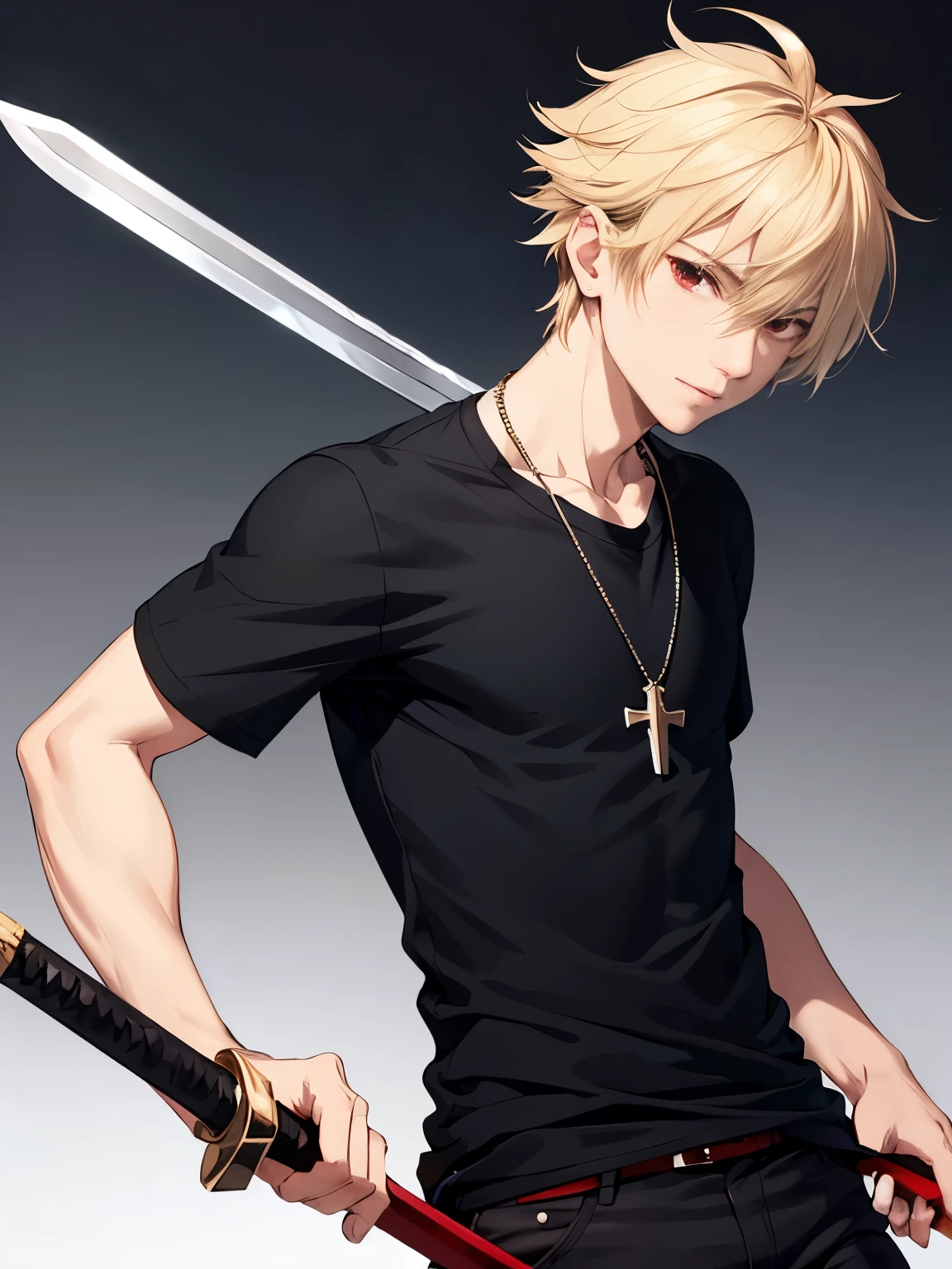 1 boy,handsome,cross necklace,HD face, perfect face, ultra detailed face, messy hair,Swinging a sword, short hair, blonde hair, black t-shirt, black trousers, red eyes, vampire