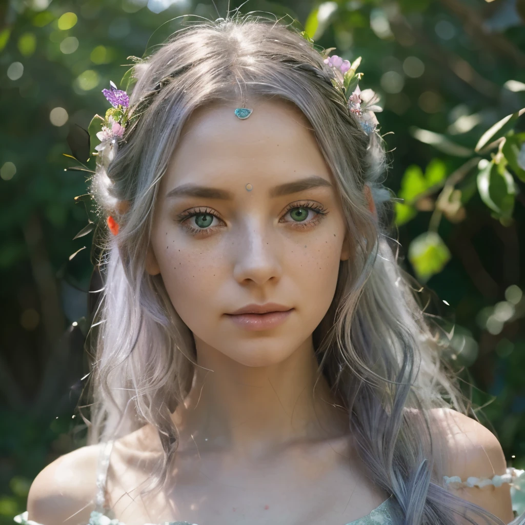 Enchanting Fairy Queen
Focus: Mystical, delicate beauty inspired by folklore.
Description: "Woman's perfect symmetry evokes a timeless fairy queen. Pointed ears, iridescent eyes (silver, lavender, or jade), and a sprinkle of freckles like stardust. Hair adorned with wildflowers or woven with delicate vines. Exude a playful yet regal aura."