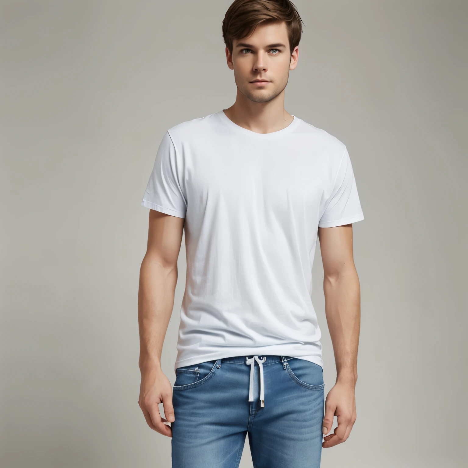 A white guy poses straight looking at the camera. He's wearing a simple, loose and long white t-shirt and jeans pants. The frame is from his waist up and the background is kinda blue