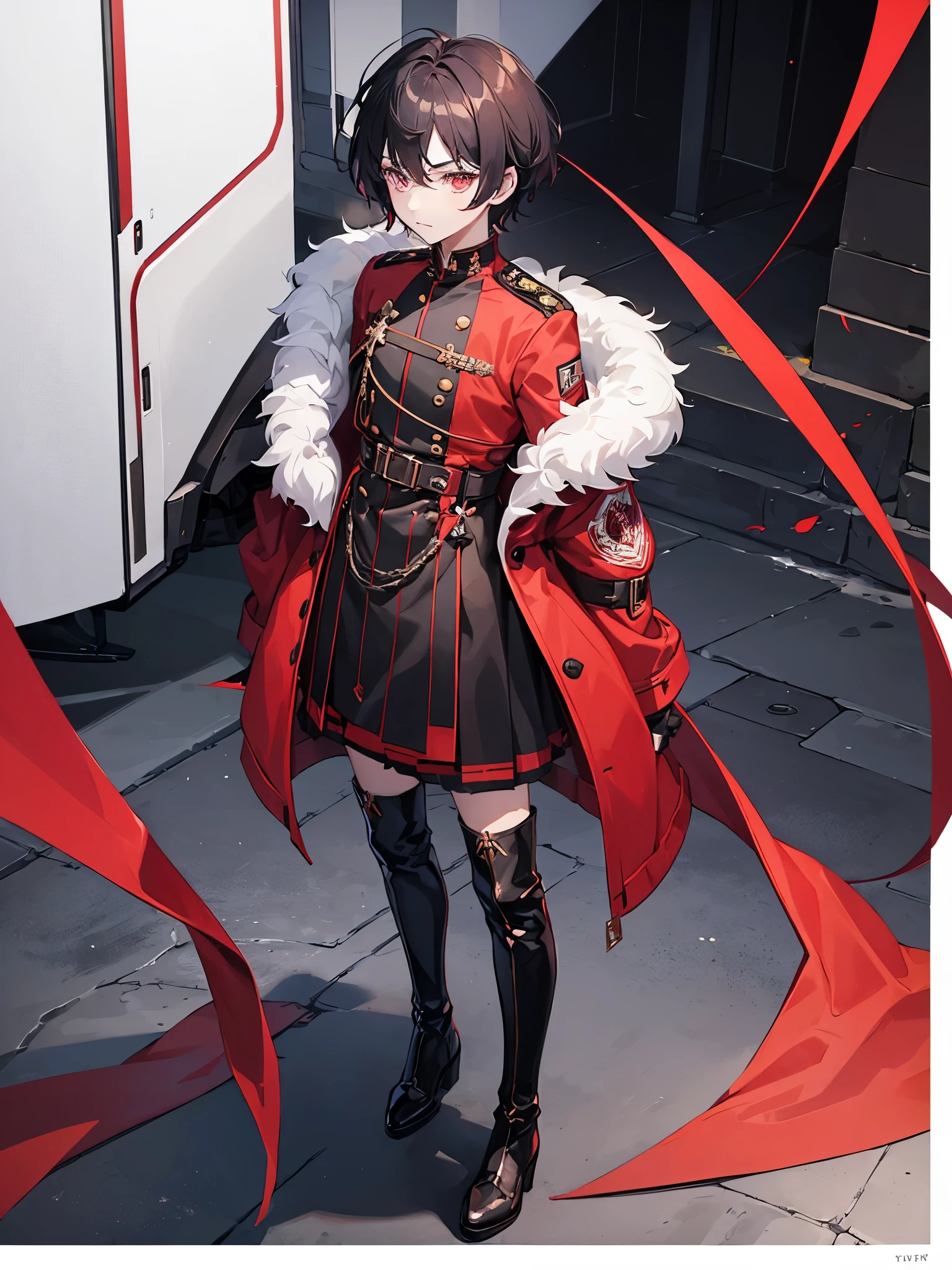 ((a boy)), orengered color hair, scarlet color eyes, ((idol clothes)), ((Cross-dressing)), long boots, ((Beautiful boy)), military jacket, ((individual)), ((dress))