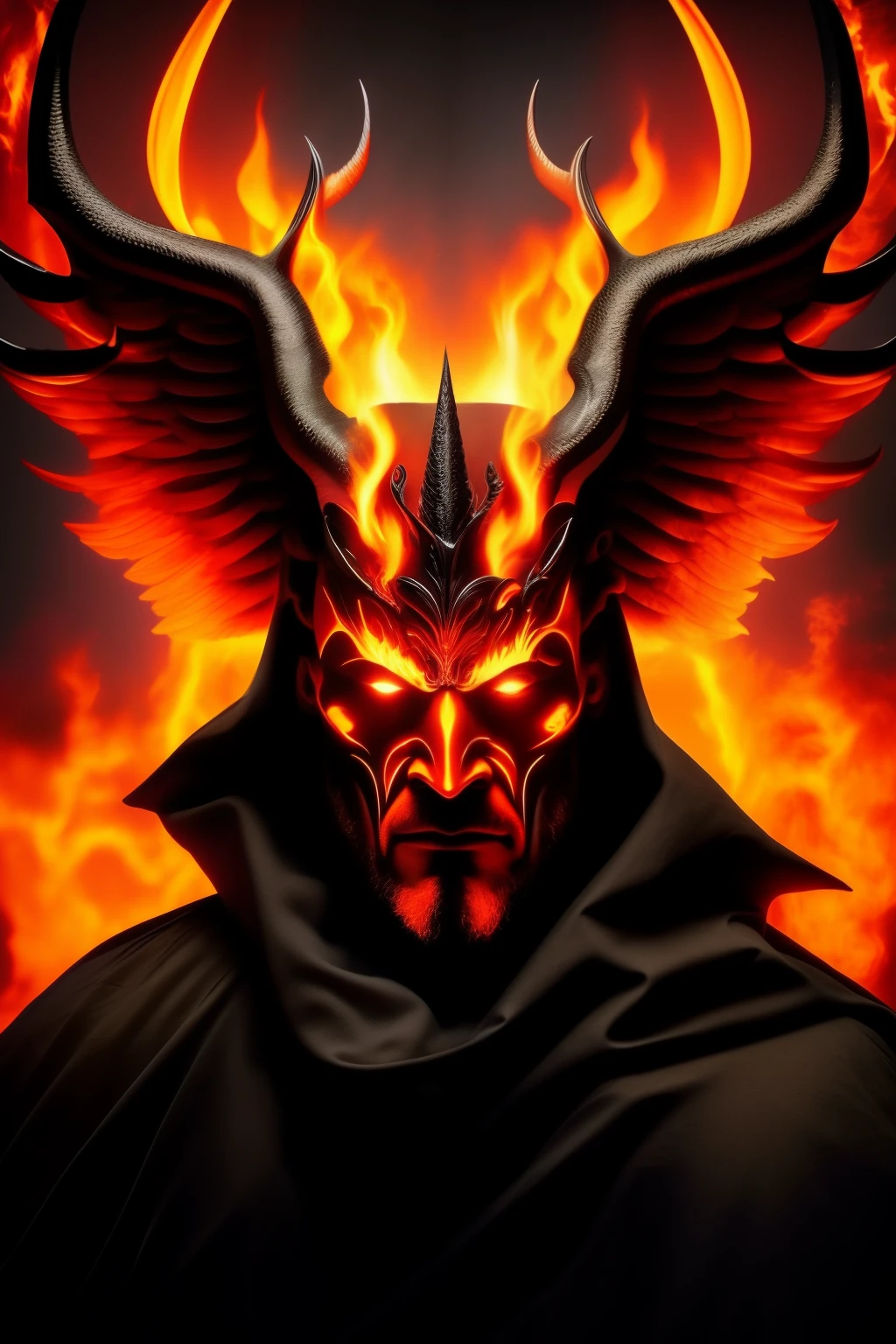 A divine being with the visage of Lucifer, temple-like horns towering above his head, voluminous black wings unfurled behind, clad in an elegant, dark robe. His eyes, a piercing, fiery inferno, burn with an intense, sultry gaze as he locks eyes with the viewer. The backdrop, a grand, realistic hellscape reminiscent of Dante's Inferno, is bathed in hellish red and orange hues from an inferno in the distance. Lucifer's hand grips a fiery orb, a symbol of his power, as he opulently presents himself in this highly detailed, exquisite image, captured in 