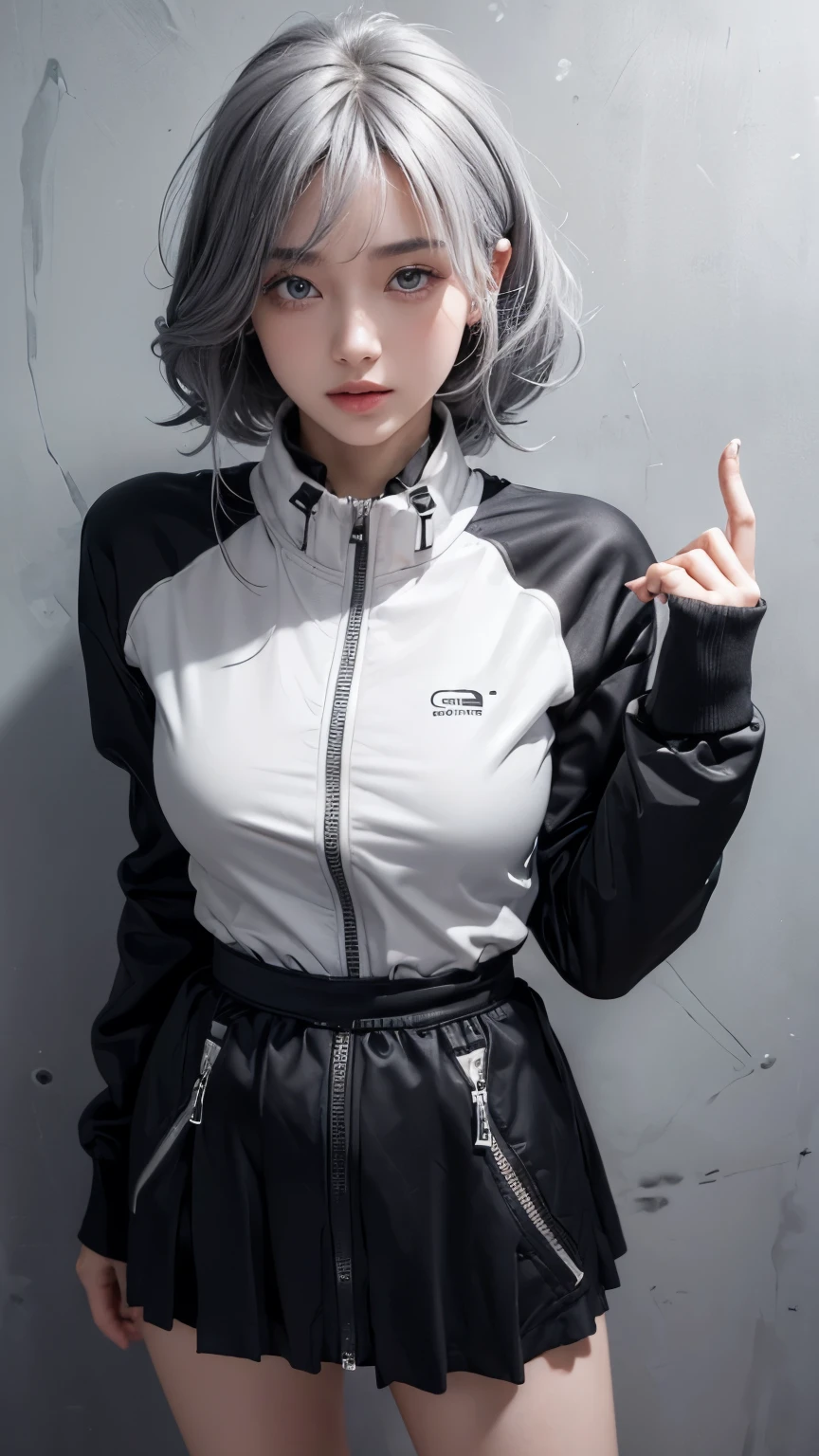 (anime:1.3), (all body shot, fashion portrait:1.6), ultra detailed, beautiful, masterpiece, best quality, _ BREAK (1girl:1.2), 22 years old, 160 cm, Japanese cute model, (Tightened all body, medium Breasts:1.4), small head, small face, diamond Face, small nose, Sharp Faceline, young hands and fingers, beautiful hands and fingers, five fingers, _ BREAK (Glossy Lips:1.3), (Light color lips, Half open mouth, beautiful Teeth:1.2), (dropy eyes, Double eyelid, light color eyes:1.4), _ BREAK (arranged hairstyle:1.3), (gray hair:1.3), _ BREAK (gray background:1.4), Fog, mist, _ BREAK (wide angle, all body shot:1.6), (standing:1.3), (cool beauty model posing:1.4), (from front white lightning), BREAK (ultra Soft fabric sporty and Cyber theme:1.6), (black and white theme:1.4), (training wear, Stacked up:1.3),(ultra Soft fabric oversize Bomber jacket:1.3), (Thick hi Collar:1.4), (Wide, short, baggy:1.4), (1/4 short Length:1.4), (Wide hem:1.4), (Close the zipper:1.35), BREAK (ultra Soft fabric:1.3), (hi Waist maximum skirt:1.5), (maximum Length skirt:1.5), (perfect and Detailed all body wear:1.2), (Cyber hi cut technical Sneaker:1.5),
