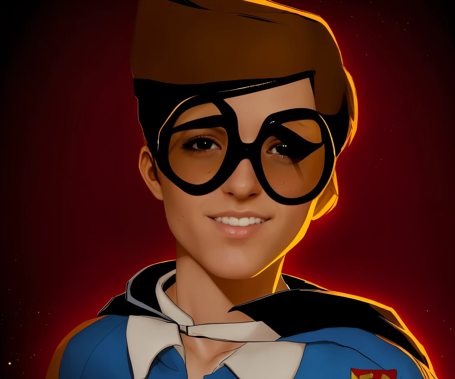 short brown hair, androgynous face, small nose, freckles, pale skin, wearing glasses, wearing robin costume, strong jawline,