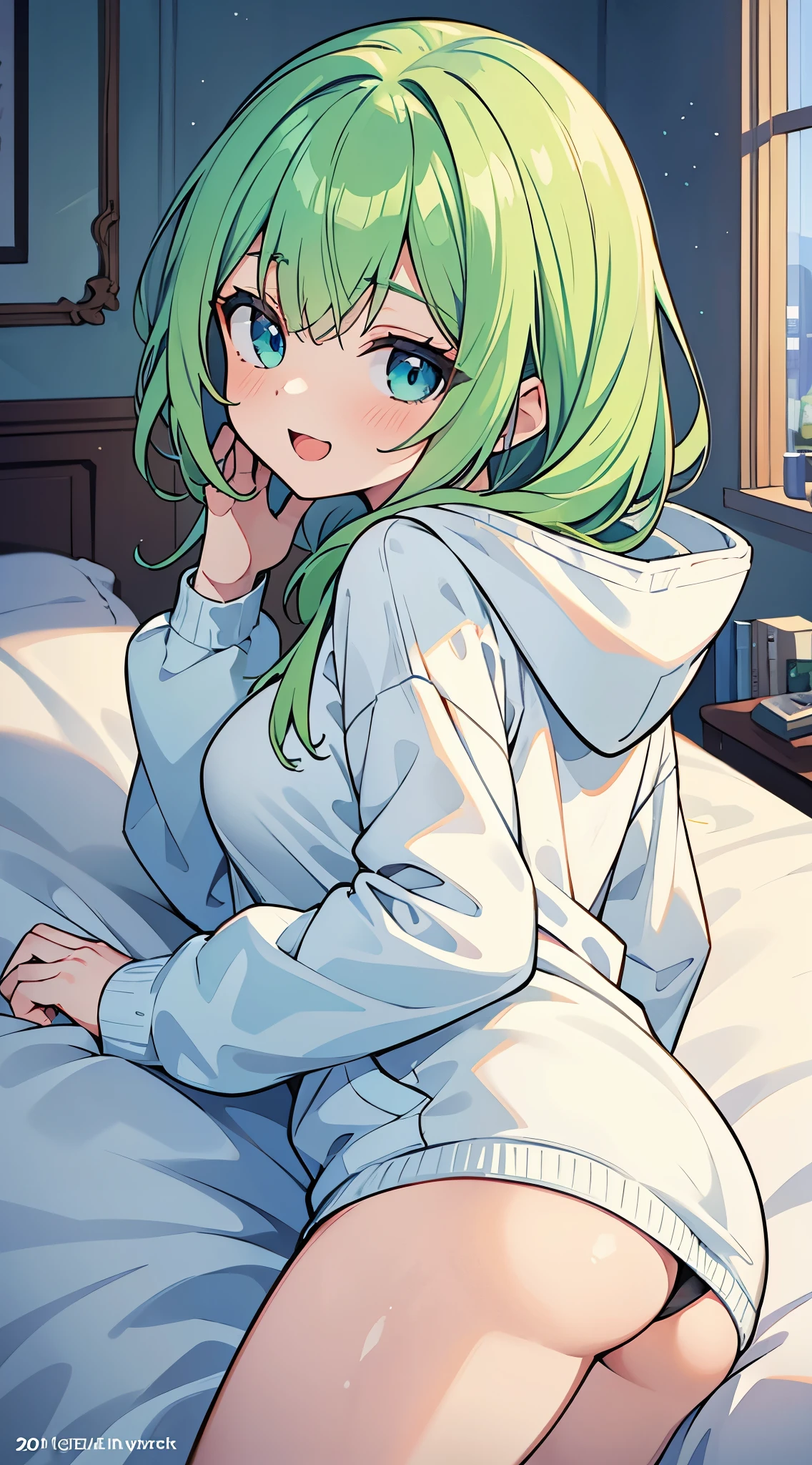 ((A Pretty girl with green hair and blue eyes lying on the bed)), ((wearing white hoodie)), Baby face, ((master piece, top-quality, ultra-definition, high resolution)), anime girl, ((ultra-detailed illust:1.2)), only one person, bangs, hair between eye, beautiful hair, Beautiful eyes, Medium breasts, thighs, Big smile, opened mouth, in the bedroom, morning, turn back