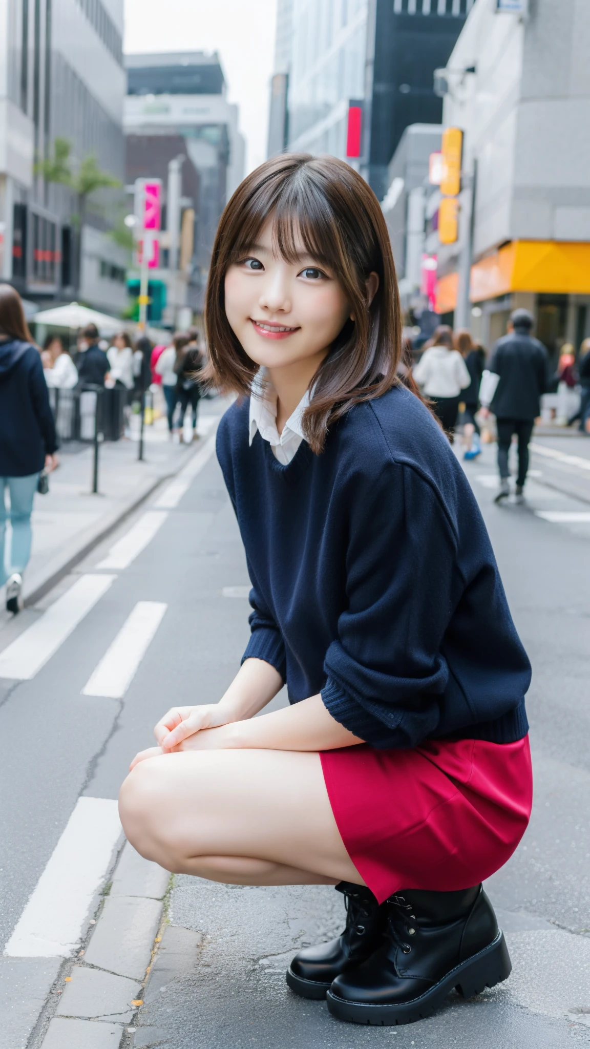 Photo taken by a professional photographer,laughter:1.5,Close-up of a 30-year-old Japanese woman squatting on the sidewalk, wearing a sweater, Short-cut brown hair, hair is disheveled,young and cute girl, Wearing a super super super super super super super mini skirt:1.5,Wear stylish boots,Fancy makeup with red eyeshadow,Beautiful thighs are visible,looking at me,Low - Angle,