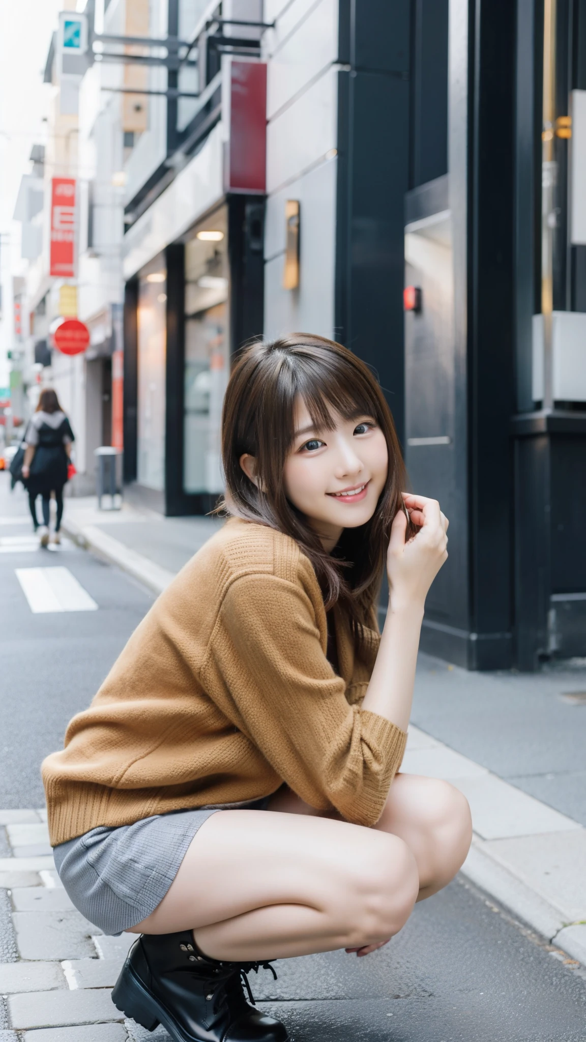 Photo taken by a professional photographer,laughter:1.5,Close-up of a 30-year-old Japanese woman squatting on the sidewalk, wearing a sweater, Short-cut brown hair, hair is disheveled,young and cute girl, Wearing a super super super super super super super mini skirt:1.5,Wear stylish boots,Fancy makeup with red eyeshadow,Beautiful thighs are visible,looking at me,Low - Angle,