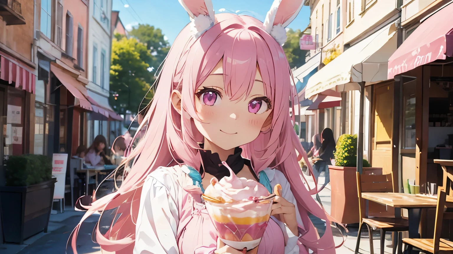 fluffy rabbit ears, pink long hair,beautiful illustrations, highest quality, pretty girl, pastel colour, pale pink eyes,Eating a fruit parfait at a cafe,smile,delicious,Hold a straw