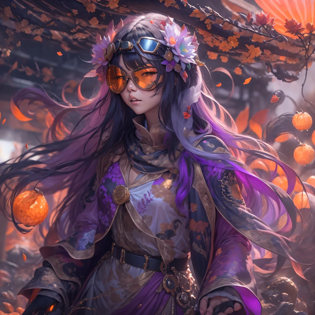 Chapter 3679 The Year of Cyberpunk（masterpiece，HD，超HD，32k lotus root starch）Bright purple flowing hair，autumn pond， lotus root starch color， Asian （Michiko）， （silk scarf）， fighting stance， looking at the colorful balloons， Orange gradient long hair， ((Thick frame reflective jade windproof goggles))Floating bright purple， Fire cloud gold headdress， Chinese long-sleeved gold silk garment， （Abstract ink splash：1.2），mars background，lotus（realistically：1.4），bright purple hair，Smoke on the road，The background is very ivory、pure， high resolution， Detailed wind protection goggles， RAW photos lotus root starch， Sharp Re， Nikon D850 film photo by Jefferies Lee 4 Kodak Portra 400 camera F1.6 guns, rich and colorful, Super real、Vivid texture, dramatic lighting, Unreal Engine Art Station Trend, Silicon Nest 800