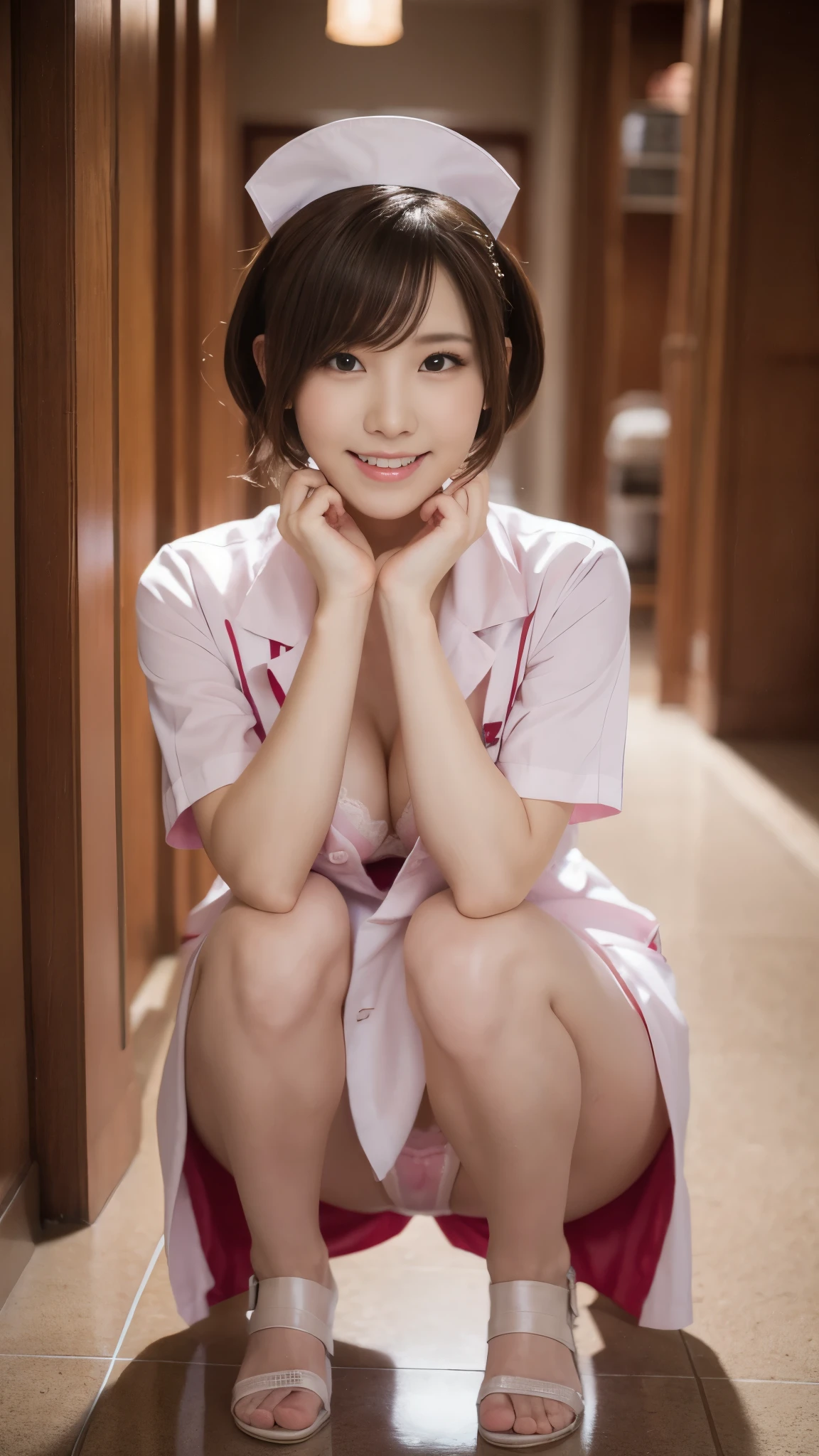 Photo taken by a professional photographer,nurse,25 year old beautiful woman,alone, Hospital corridor,Best Smile, small breasts, white trench coat nurse uniform,open clothes, slender body shape,small pink lace bra:1.5,small pink lace panties:1.5,Fancy makeup with red eyeshadow,Brown short cut with side waves,Squatting with crotch open,