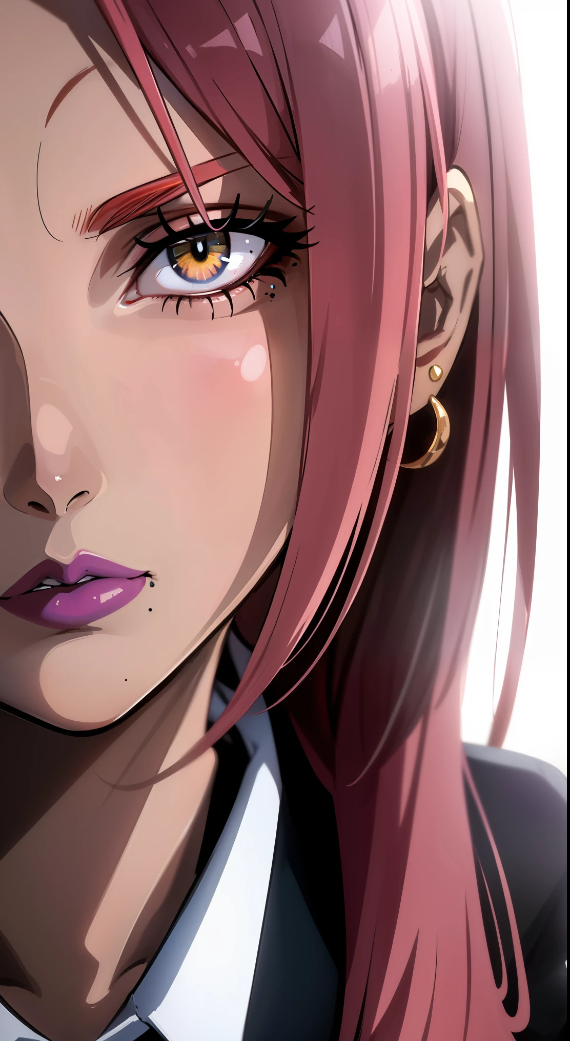 (masterpiece, High resolution, highest quality:1.3), 8K, very detailed, Complex, colorful, vivid images, sharp focus, digital blending, 4K, Trending on pixiv Ingrid, ((hell outfit)), alone, mature woman, 40 years old, mature woman, winding, (black skinned female:1.15), black skin, take a pose, classroom, Book, Book on table, sitting in a chair, lean on the table, (Caring look:1.2), looking at the viewer, ((close up shot, close up of face)), pink hair, very long hair, amount, hair intake, purple lipstick, compensate, mole under mouth, yellow eyes, perfect eyes, perfect face, super detailed hair, super detailed face, earrings, super detailed lips, big breasts, super detailed lipstick,