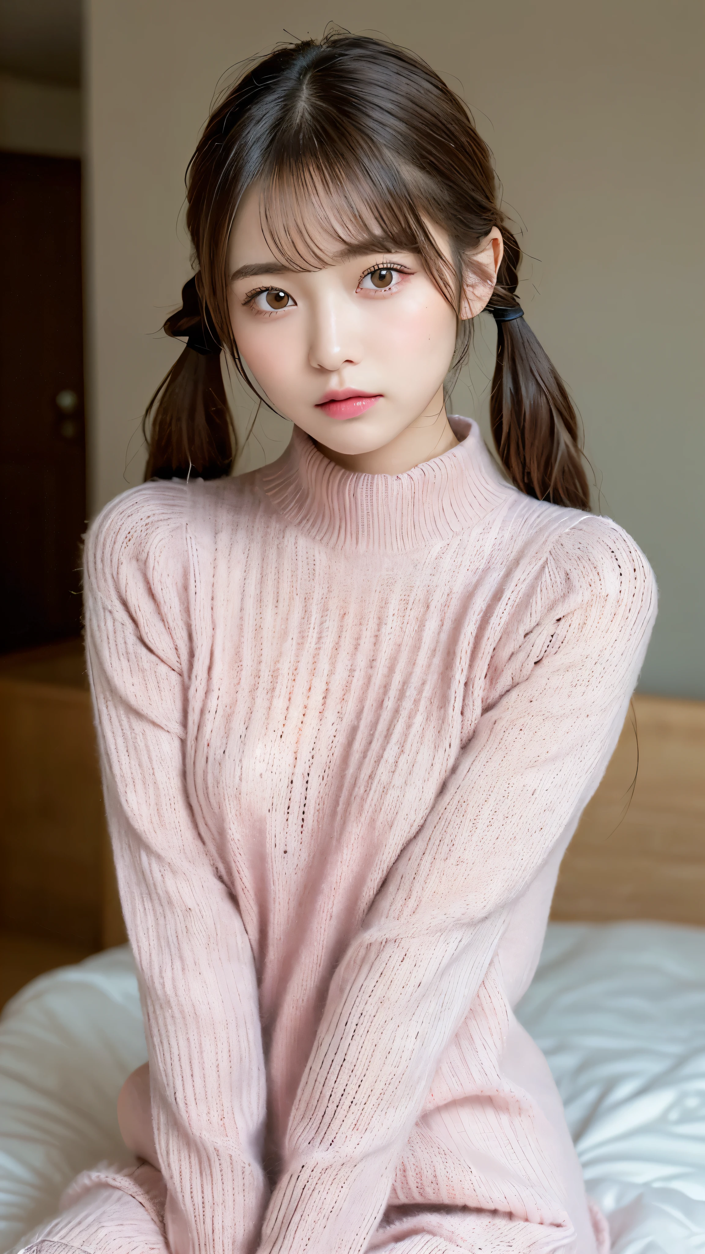 (masterpiece:1.5)、(realistic:1.5)、(highest quality:1.4、8K、RAW photo)、 ultra high resolution、professional lighting、perfect dynamic composition、Photographed in a stylish store、 film grain、chromatic aberration、(Bokeh:1.1)、 Frank、Sophisticated、charm、超realistic、high detail、golden ratio、 (1 girl)、slender girl、繊細でcharm女の子、cute woman:1.4、 serious expression、looking at the viewer、sitting on the bed、light brown hair、shining hair、The hairstyle is twin tails、 skin that looks real、 close your mouth、fine eyes、double eyelid、thin arms、(pale pink long sweater dress:1.3)