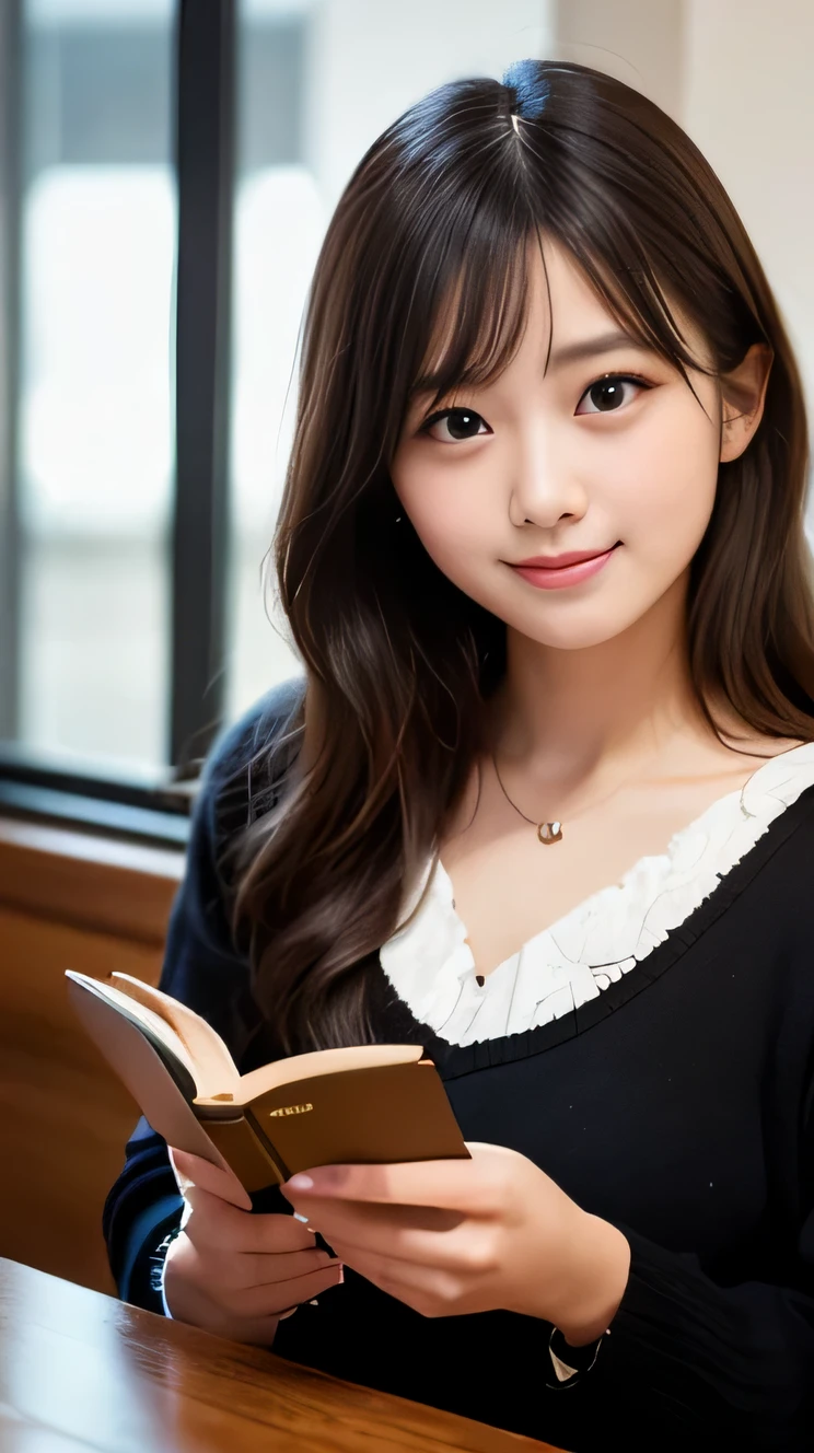 1 girl, black hair, (:1.4), Girl sitting at a table opposite a café, Latte on the table, (reading a book:1.3), (whole body:1.3), a loving gaze, (8K, RAW photo, highest quality, masterpiece:1.2), High-definition RAW color photos, professional photos,(realistic, photo realistic:1.2), ((highest quality)), Bokeh, using a reflector, f/1.4, 50mm, japanese girl, detailed beautiful face, detailed face, (shy smile:1.2),enchanting smile, beautiful, very pretty, cute like a doll, female idol, round big eyes, droopy eyes, small nostrils,