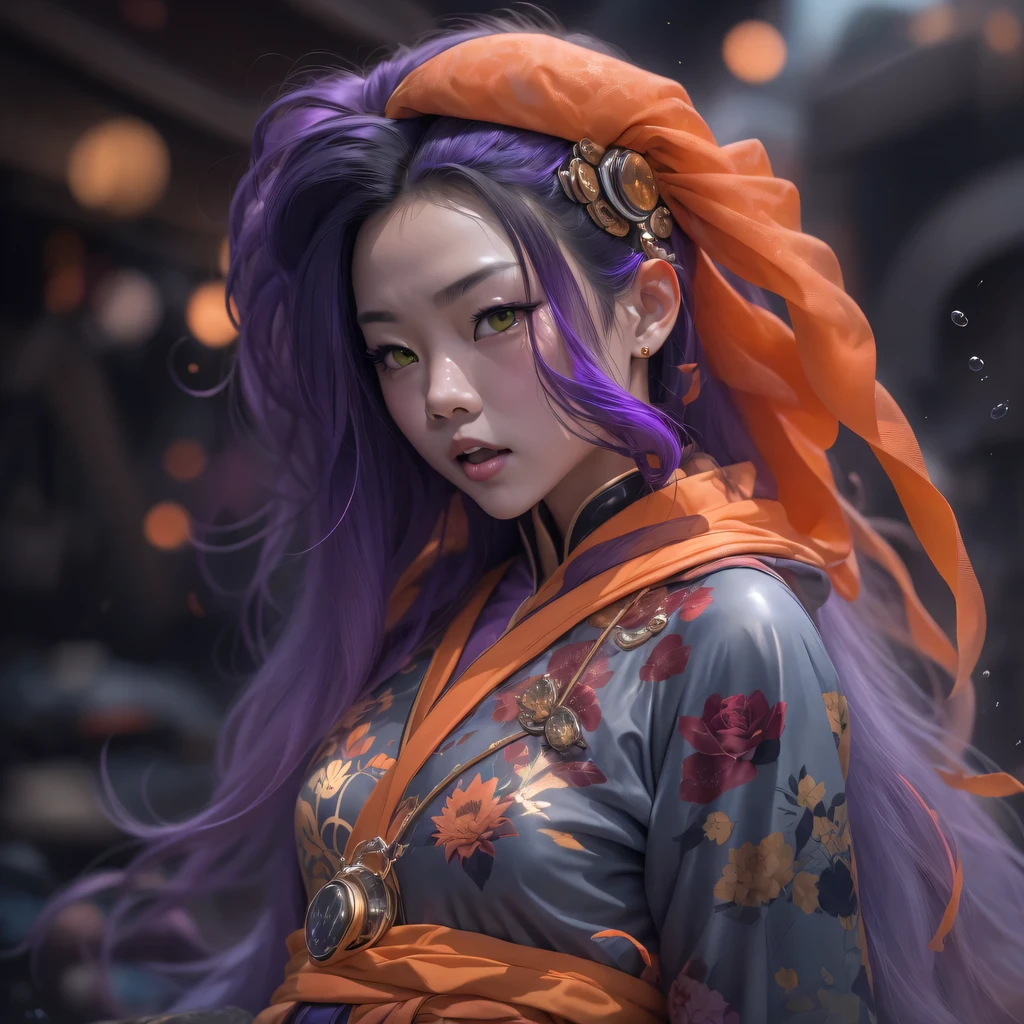 Chapter 3679 The Year of Cyberpunk(masterpiece,HD,超HD,32k lotus root starch)Bright purple flowing hair,autumn pond, lotus root starch color, Asian (Michiko), (silk scarf), fighting stance, looking at the colorful balloons, Orange gradient long hair, ((Thick frame reflective jade windproof goggles))Floating bright purple, Fire cloud gold headdress, Chinese long-sleeved gold silk garment, (Abstract ink splash:1.2),mars background,lotus(realistically:1.4),bright purple hair,Smoke on the road,The background is very ivory、pure, high resolution, Detailed wind protection goggles, RAW photos lotus root starch, Sharp Re, Nikon D850 film photo by Jefferies Lee 4 Kodak Portra 400 camera F1.6 guns, rich and colorful, Super real、Vivid texture, dramatic lighting, Unreal Engine Art Station Trend, Silicon Nest 800
