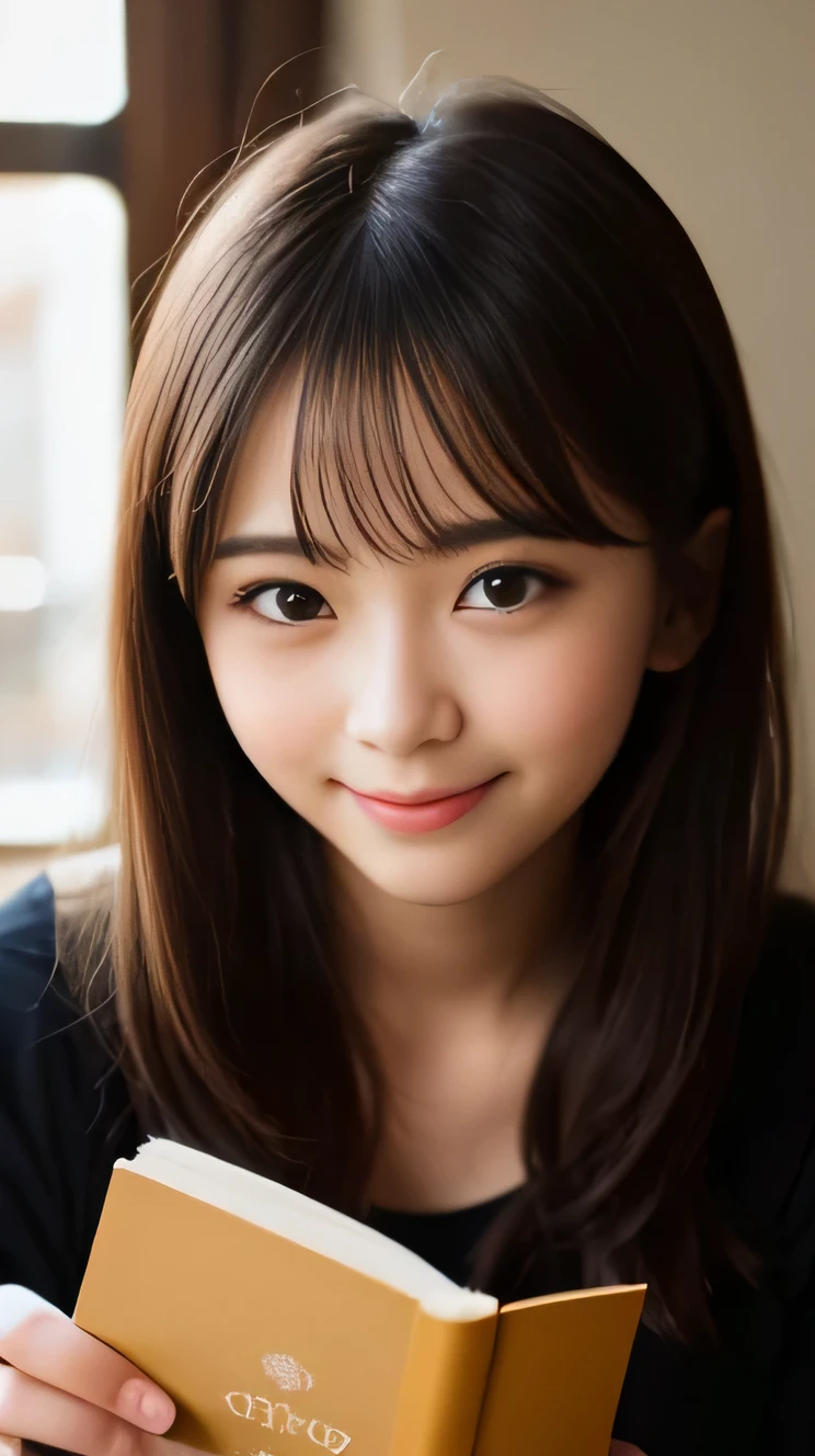 1 girl, black hair, (14 years old:1.4), Girl sitting at a table opposite a café, Latte on the table, (reading a book:1.3), (whole body:1.3), a loving gaze, (8K, RAW photo, highest quality, masterpiece:1.2), High-definition RAW color photos, professional photos,(realistic, photo realistic:1.2), ((highest quality)), Bokeh, using a reflector, f/1.4, 50mm, japanese girl, detailed beautiful face, detailed face, (shy smile:1.2),enchanting smile, beautiful, very pretty, cute like a doll, female idol, round big eyes, droopy eyes, small nostrils,