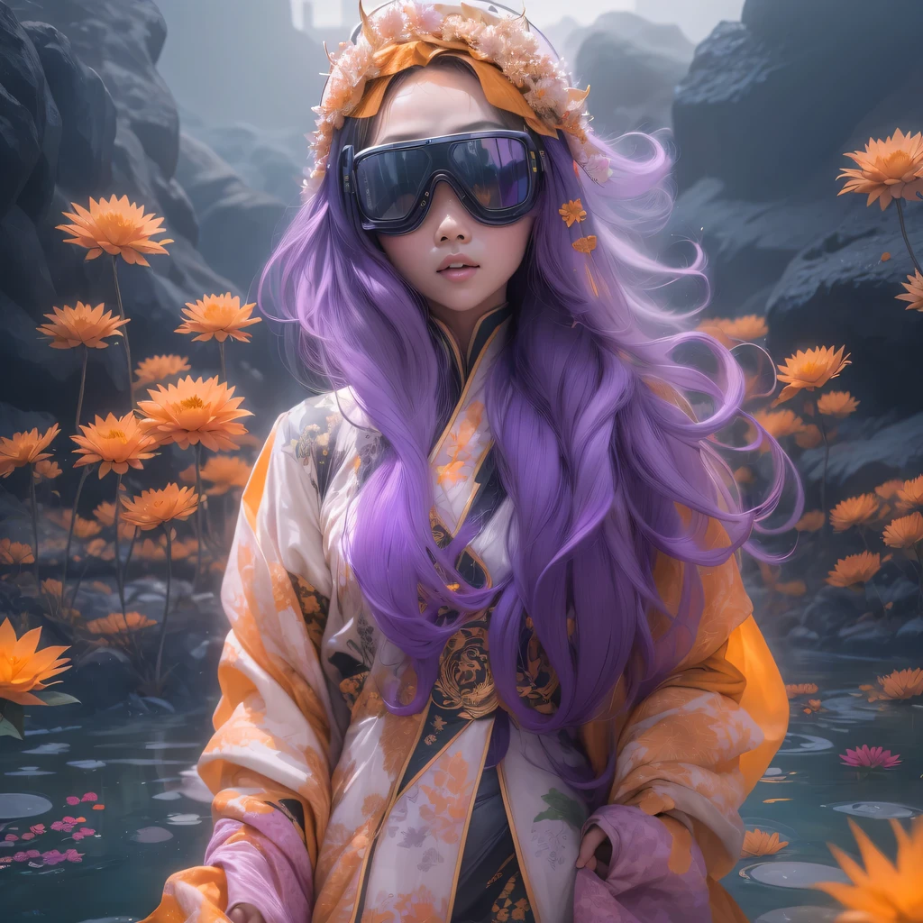 Chapter 3679 The Year of Cyberpunk(masterpiece,HD,超HD,32k lotus root starch)Bright purple flowing hair,autumn pond, lotus root starch color, Asian (Michiko), (silk scarf), fighting stance, looking at the colorful balloons, Orange gradient long hair, ((Thick frame reflective jade windproof goggles))Floating bright purple, Fire cloud gold headdress, Chinese long-sleeved gold silk garment, (Abstract ink splash:1.2),mars background,lotus(realistically:1.4),bright purple hair,Smoke on the road,The background is very ivory、pure, high resolution, Detailed wind protection goggles, RAW photos lotus root starch, Sharp Re, Nikon D850 film photo by Jefferies Lee 4 Kodak Portra 400 camera F1.6 guns, rich and colorful, Super real、Vivid texture, dramatic lighting, Unreal Engine Art Station Trend, Silicon Nest 800