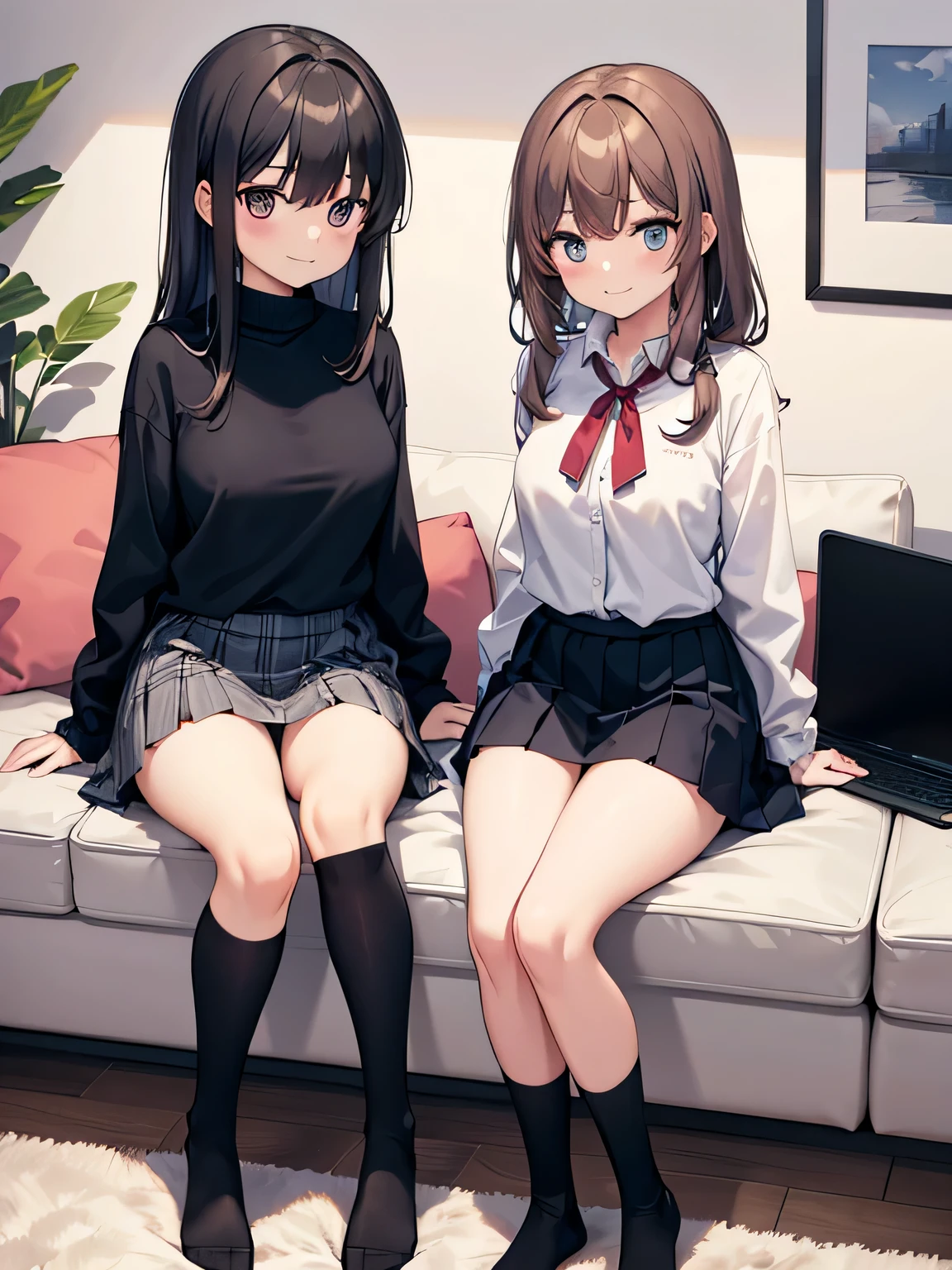 (1) Two sisters are sitting with their knees together on the sofa in the living room. My sister is pink from the gap between her skirt and thighs、My sister can see her light blue panties.
(2) My sister is a 17 year old high school student., Wearing a miniskirt uniform and socks.
(3) The older sister is a 23-year-old office lady.、She is wearing a turtleneck knit, a plaid skirt, and black socks.。.
(4) My younger sister has semi-long black hair..
(5) My sister has long brown hair.
(6) The two women have mischievous smiles on their faces..
(7) Both women&#39;s breasts are not that big..
(8) The location is the sofa in the living room of the apartment..