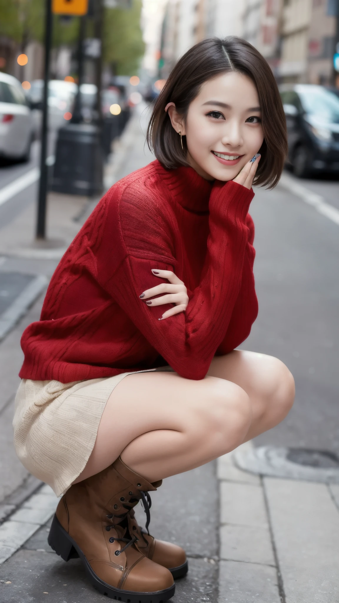 Photo taken by a professional photographer，laughter:1.5，Close-up of a 25-year-old Japanese woman squatting on the sidewalk, wearing a sweater, Short-cut brown hair, hair is disheveled，young and cute girl, Wearing a super super super super super super super mini skirt:1.5，Wear stylish boots，Fancy makeup with red eyeshadow，Beautiful thighs are visible，