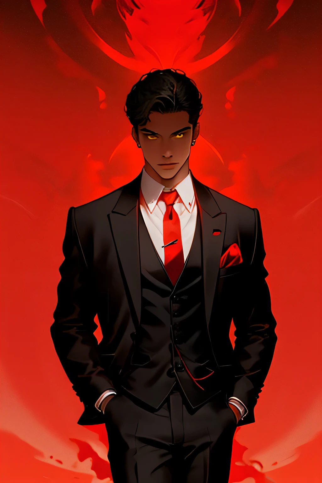 (red theme, red gradient,:1.2) redshift,red, looking at viewer, short hair, open mouth, shirt, black hair, long sleeves, 1girl, jacket, yellow eyes, white shirt, upper body, flower, female focus, necktie, collared shirt, vest, coat, glowing, rose, formal, suit, red flower, glowing eyes, black necktie, hand in pocket, black vest, red rose, hands in pockets, black suit  