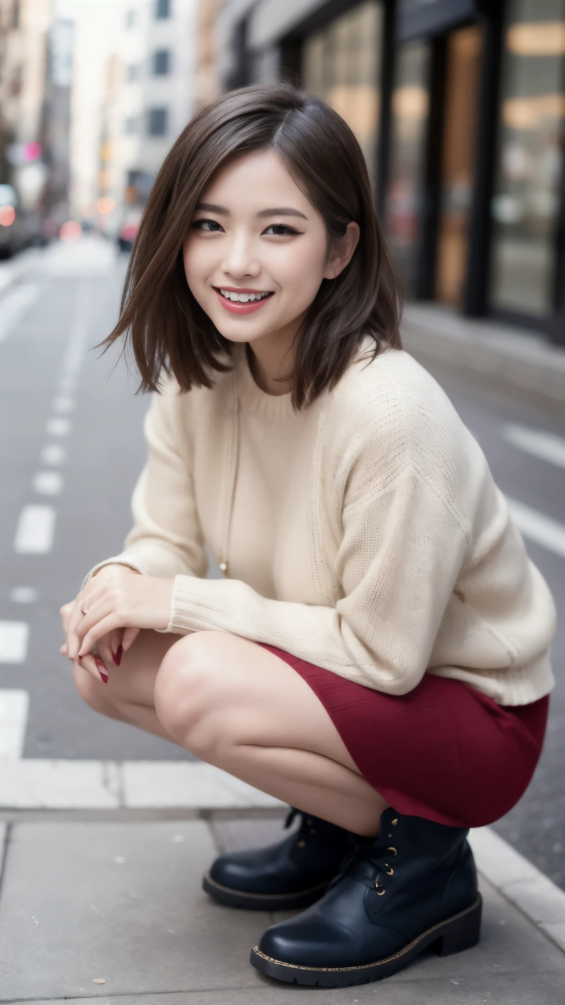 Photo taken by a professional photographer,laughter:1.5,Close-up of a 25-year-old Japanese woman squatting on the sidewalk, wearing a sweater, Short-cut brown hair, hair is disheveled,young and cute girl, Wearing a super super super super super super super mini skirt:1.5,Wear stylish boots,Fancy makeup with red eyeshadow,Beautiful thighs are visible,