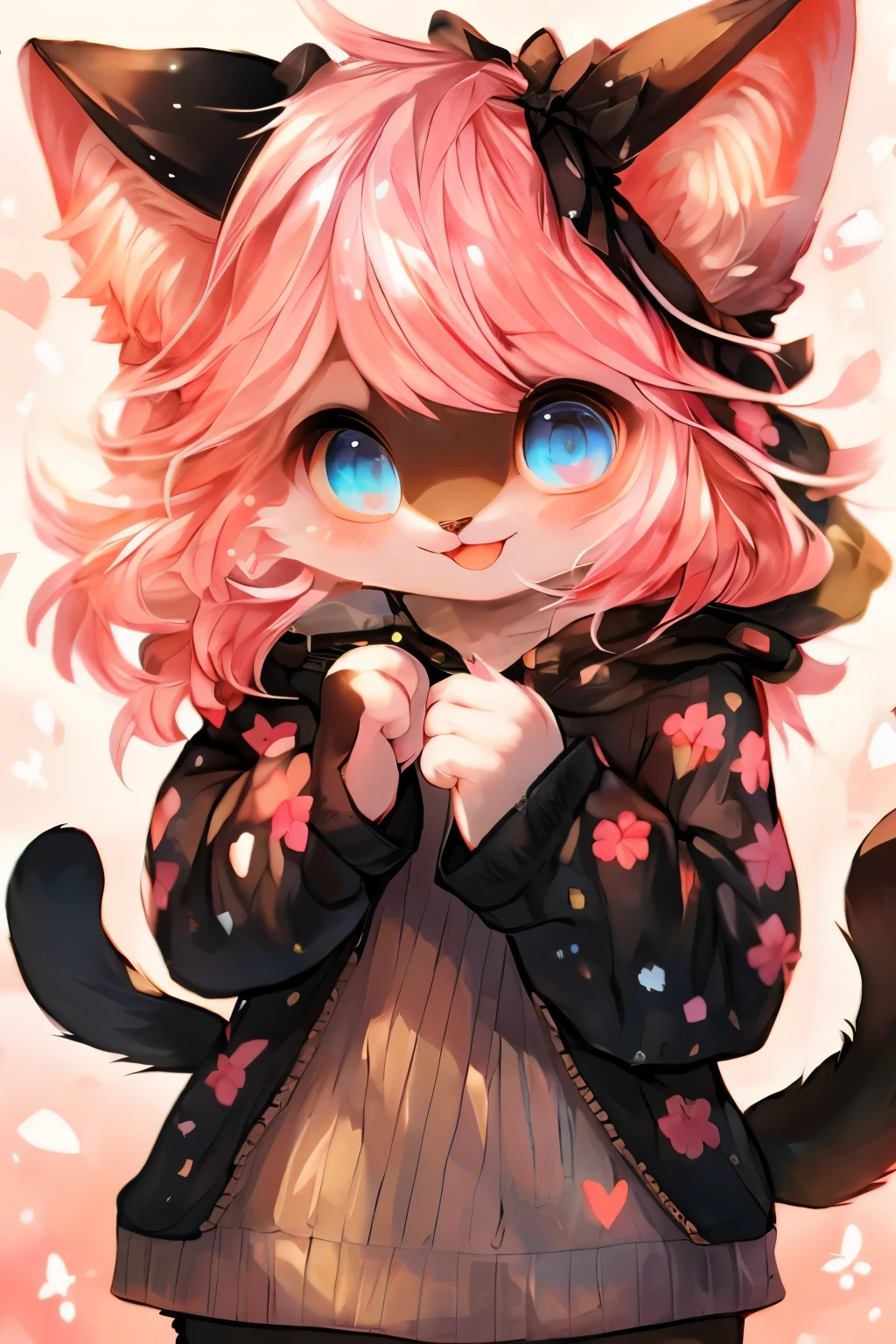 1 Very cute female cat black and pink hair , blue eyes, beautiful background. Smiling