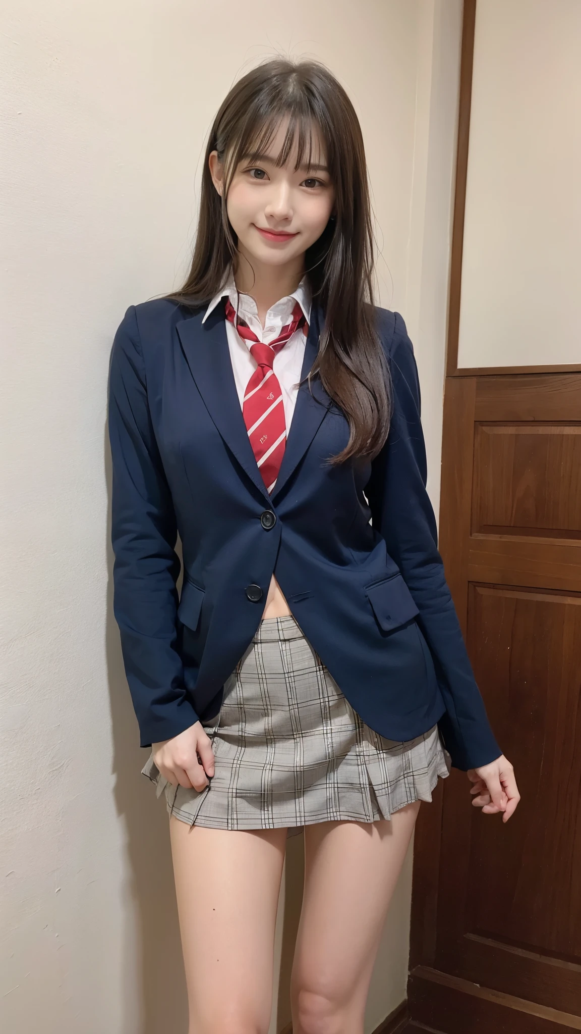 学校の教室に立つ1人のpretty girl,red tie uniform,dark blue closed blazer,blue plaid miniskirt,18-year-old,Brown hair short cut with side waves,best smile,I can see your beautiful thighs,knees,random pose，pretty girl，slender girl，My skin is beautiful，wear cute sneakers，natural makeup，